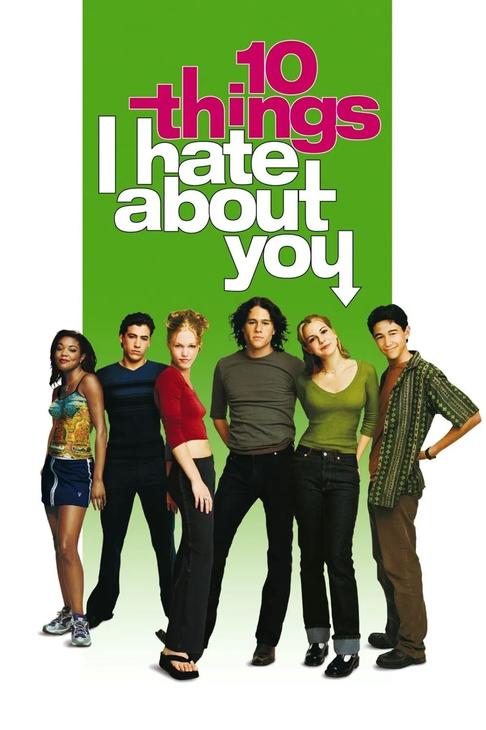 Poster chính thức của phim Phim Hài, Phim Tình Cảm "10 Điều Em Ghét Anh" (10 Things I Hate About You - 1999), với sự tham gia của diễn viên Heath Ledger và Julia Stiles.