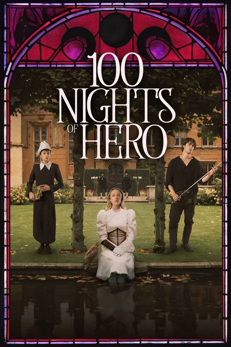 Poster chính thức của phim Phim Giả Tượng, Phim Tình Cảm "100 Đêm Của Hero" (100 Nights of Hero - 2025), với sự tham gia của diễn viên Emma Corrin và Nicholas Galitzine.
