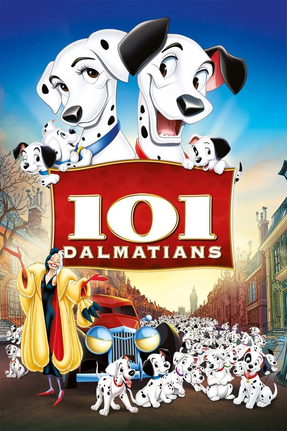 Poster chính thức của phim Phim Phiêu Lưu, Phim Hoạt Hình "101 Chú Chó Đốm" (One Hundred and One Dalmatians - 1961), với sự tham gia của diễn viên Rod Taylor và J. Pat O'Malley.