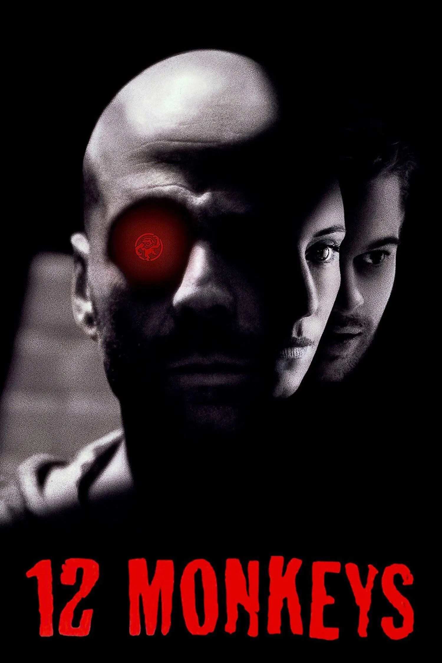 Poster chính thức của phim Phim Viễn Tưởng, Phim Giật Gân "12 Con Khỉ" (Twelve Monkeys - 1995), với sự tham gia của diễn viên Bruce Willis và Madeleine Stowe.