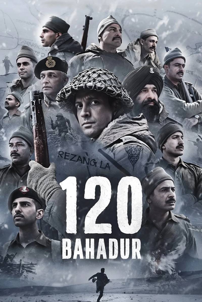 Poster chính thức của phim Phim Hành Động, Phim Chiến Tranh "120 Bahadur" (120 Bahadur - 2025), với sự tham gia của diễn viên Farhan Akhtar và Raashii Khanna.