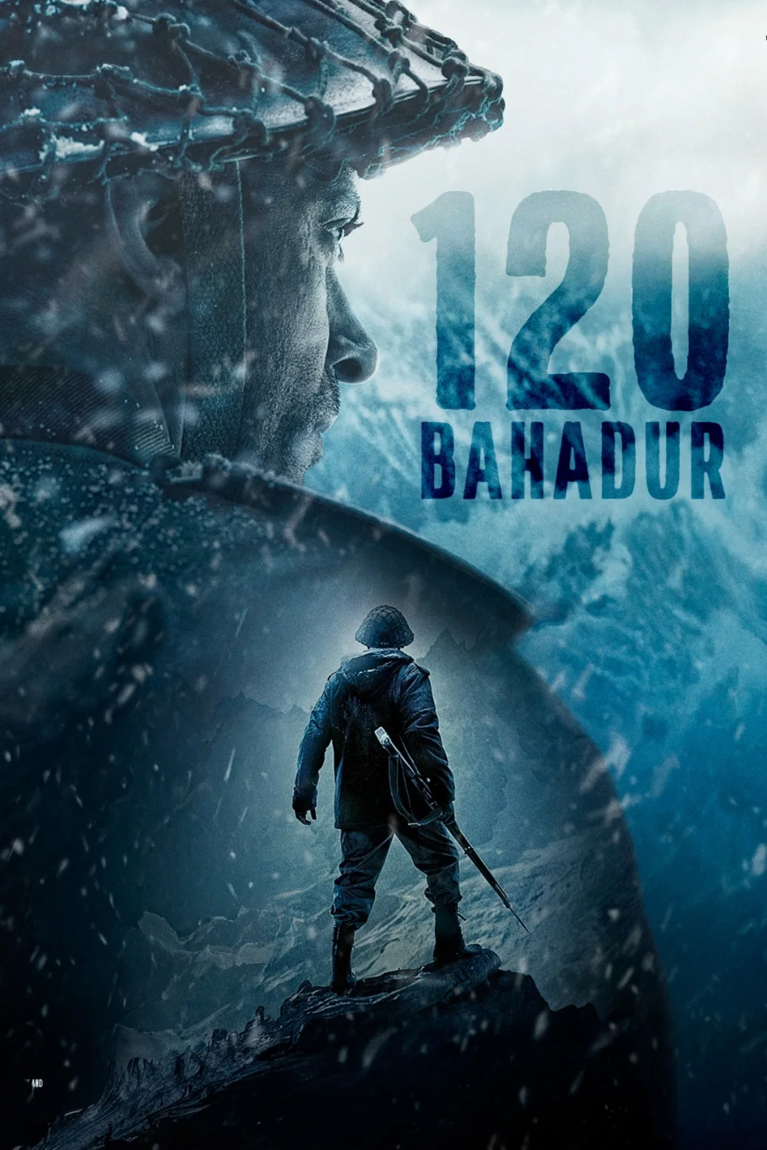 Poster chính thức của phim Phim Hành Động, Phim Chiến Tranh "120 người dũng cảm" (120 Bahadur - 2025), với sự tham gia của diễn viên Farhan Akhtar và Ankit Siwach.