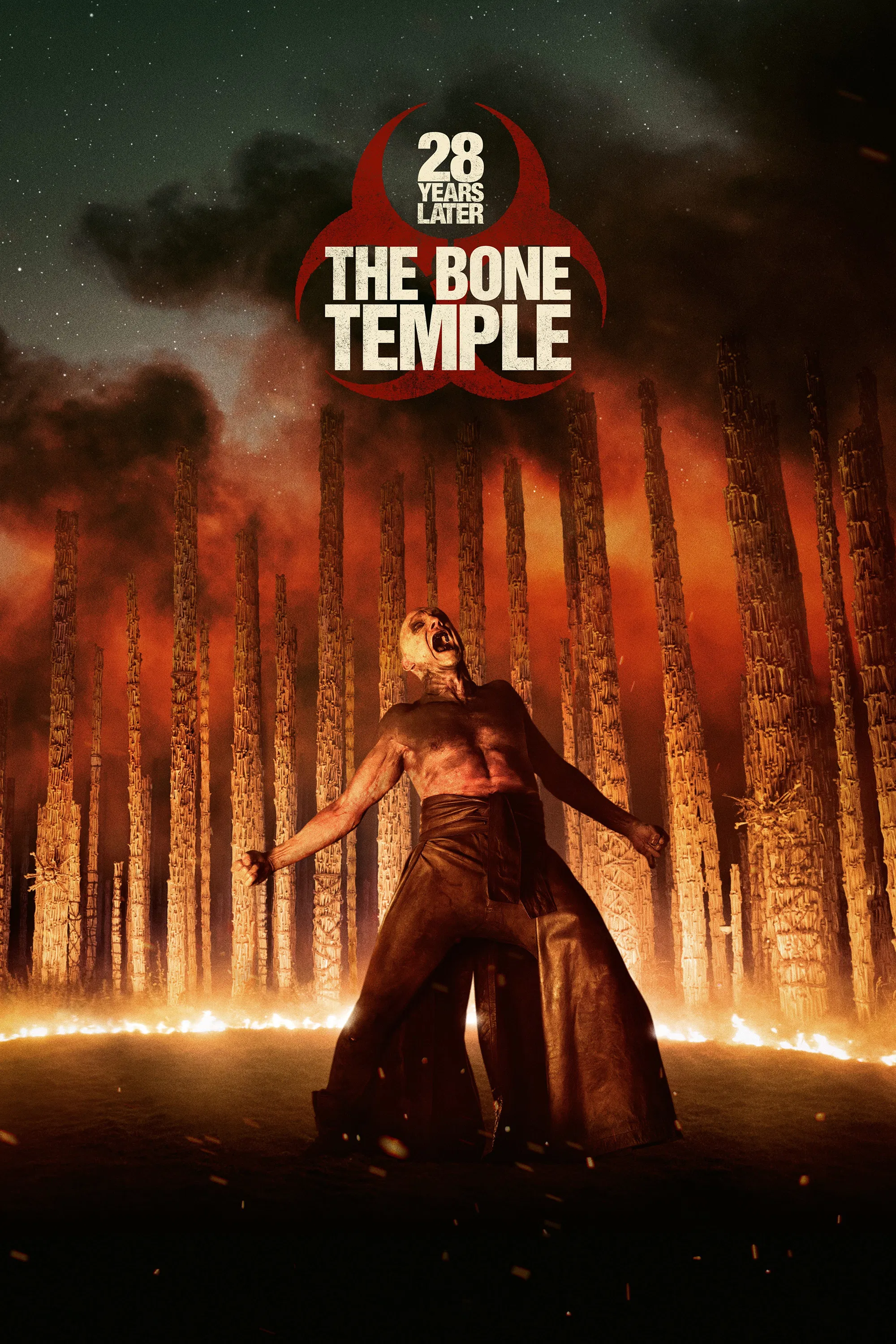 Poster chính thức của phim Phim Kinh Dị, Phim Giật Gân "28 Năm Sau: Ngôi Đền Tử Thần" (28 Years Later: The Bone Temple - 2026), với sự tham gia của diễn viên Ralph Fiennes và Jack O'Connell.