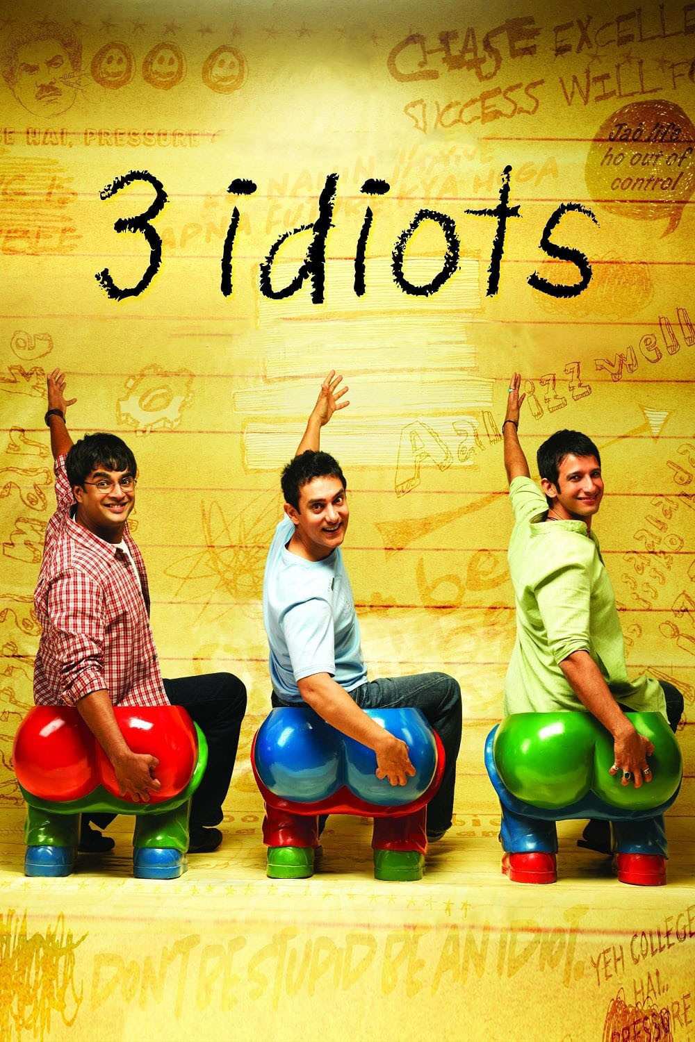 Poster chính thức của phim Phim Tâm Lý, Phim Hài "3 Chàng Ngốc" (3 Idiots - 2009), với sự tham gia của diễn viên Aamir Khan và R. Madhavan.