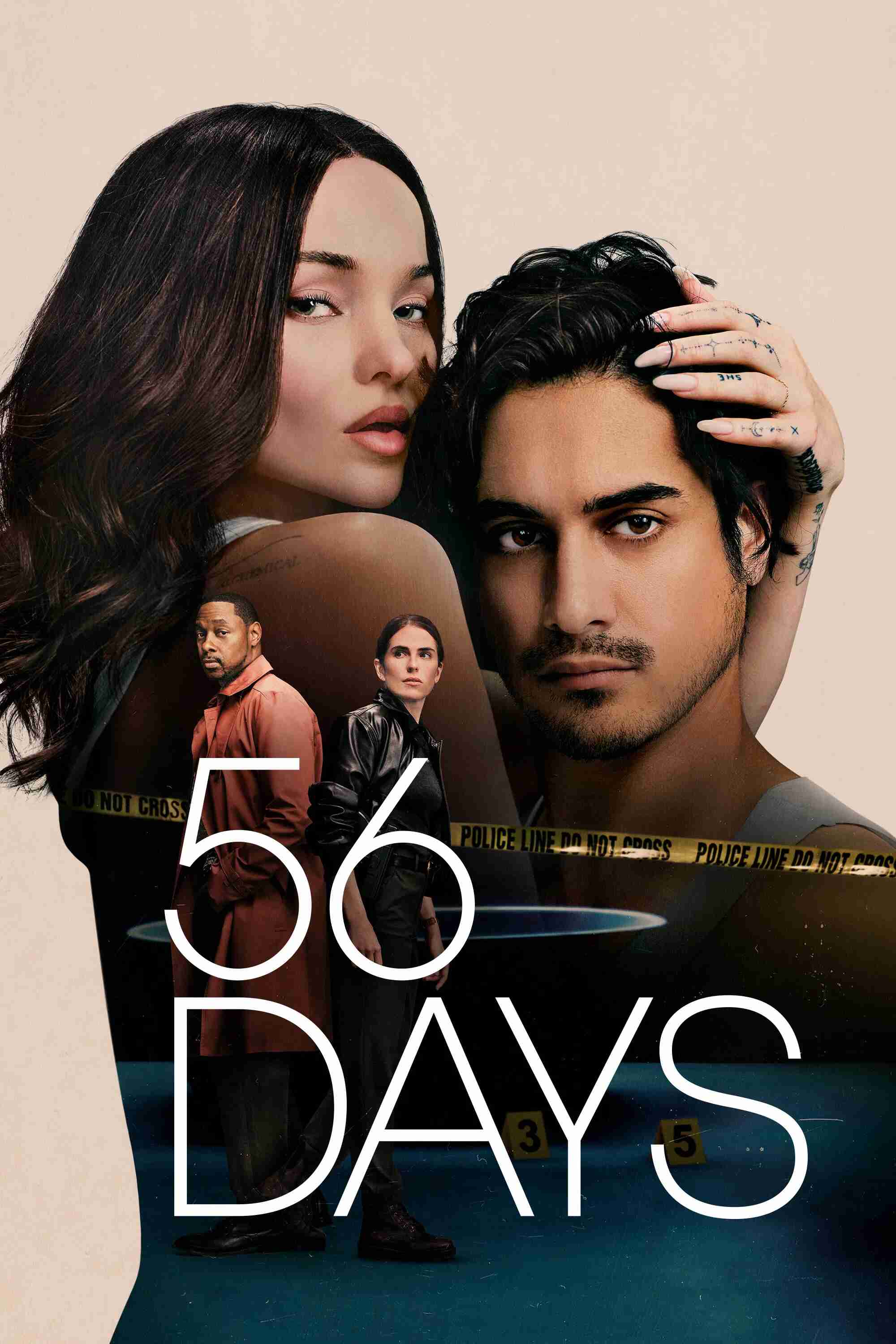 Poster chính thức của phim Phim Tâm Lý, Phim Hình Sự "56 Ngày" (56 Days - 2026), với sự tham gia của diễn viên Dove Cameron và Avan Jogia.