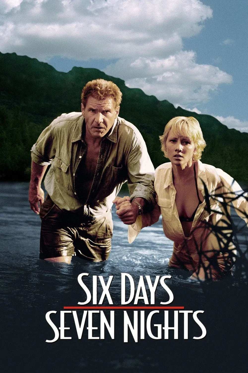 Poster chính thức của phim Phim Hài, Phim Hành Động "6 Ngày 7 Đêm" (Six Days Seven Nights - 1998), với sự tham gia của diễn viên Anne Heche và Harrison Ford.