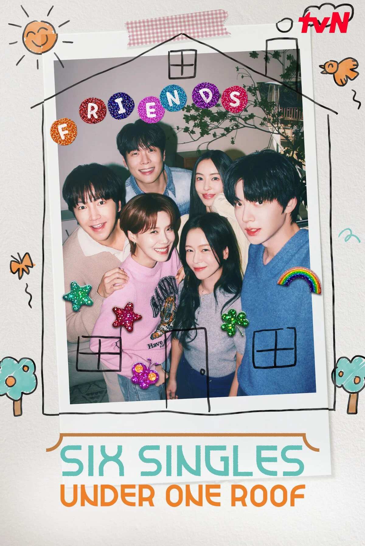 Poster chính thức của phim Truyền Hình Thực Tế "6 Người Ế Ở Chung Nhà" (Six Singles Under One Roof - 2026), với sự tham gia của diễn viên Jang Do-yeon và Lee Da-hee.