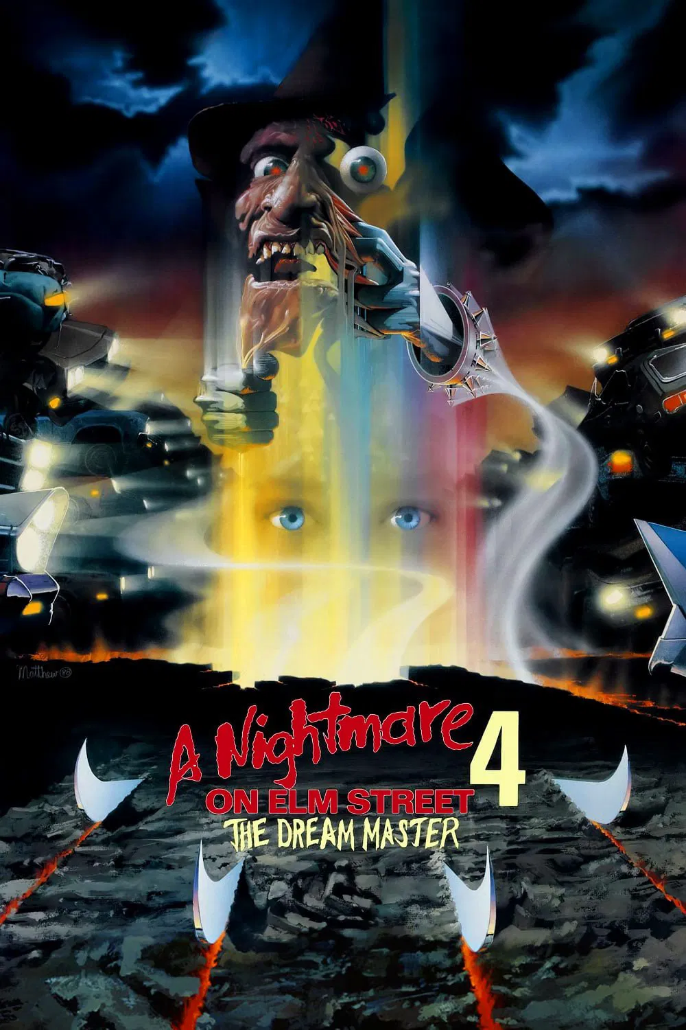 Poster chính thức của phim Phim Kinh Dị, Phim Giật Gân "Ác Mộng Phố Elm 4: Kẻ Làm Chủ Giấc Mơ" (A Nightmare on Elm Street 4: The Dream Master - 1988), với sự tham gia của diễn viên Robert Englund và Rodney Eastman.