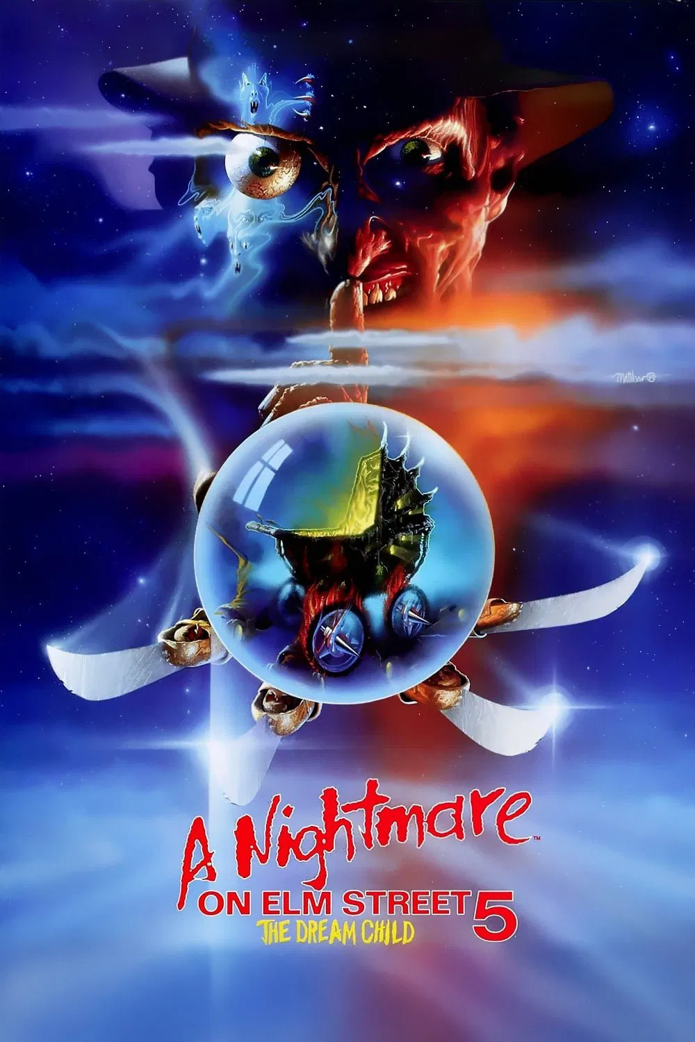 Poster chính thức của phim Phim Kinh Dị, Phim Giật Gân "Ác Mộng Phố Elm 5: Đứa Bé Trong Mơ" (A Nightmare on Elm Street: The Dream Child - 1989), với sự tham gia của diễn viên Robert Englund và Lisa Wilcox.