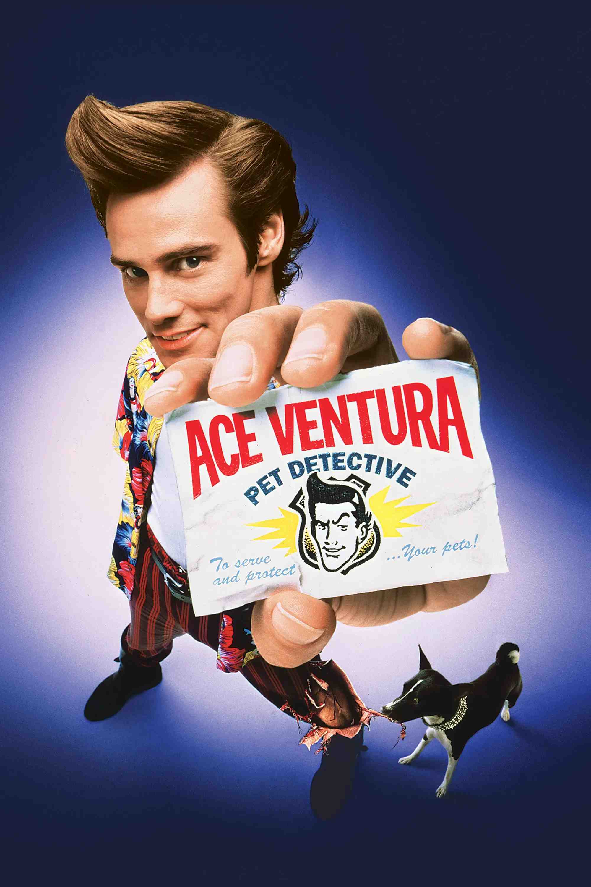 Poster chính thức của phim Phim Hài, Phim Bí Ẩn "Ace Ventura: Thám Tử Thú Cưng" (Ace Ventura: Pet Detective - 1994), với sự tham gia của diễn viên Jim Carrey và Courteney Cox.