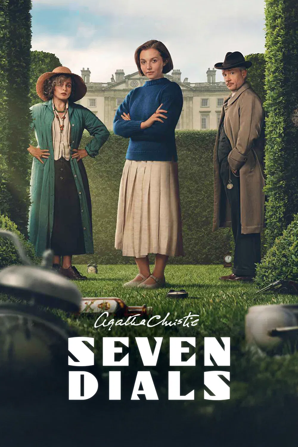 Poster chính thức của phim Phim Tâm Lý, Phim Bí Ẩn "Agatha Christie: Bảy Mặt Đồng Hồ" (Agatha Christie's Seven Dials - 2026), với sự tham gia của diễn viên Mia McKenna-Bruce và Helena Bonham Carter.
