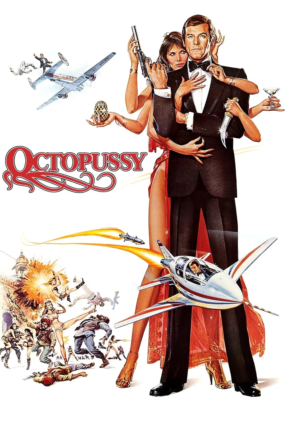 Poster chính thức của phim Phim Phiêu Lưu, Phim Hành Động "Âm Mưu Bạch Tuộc" (Octopussy - 1983), với sự tham gia của diễn viên Roger Moore và Maud Adams.