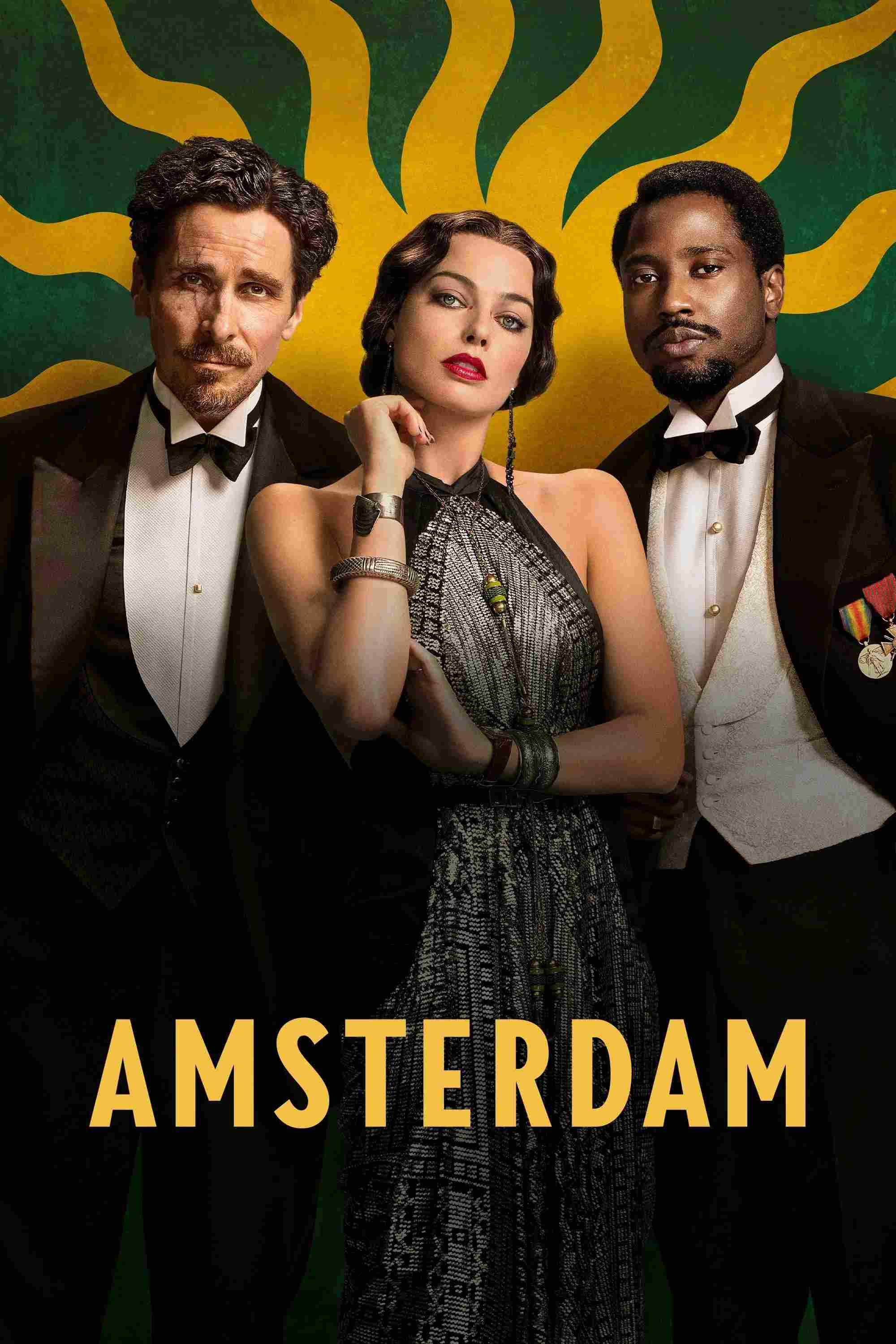 Poster chính thức của phim Phim Bí Ẩn, Phim Hài "Amsterdam: Vụ Án Mạng Kỳ Bí" (Amsterdam - 2022), với sự tham gia của diễn viên Christian Bale và Margot Robbie.