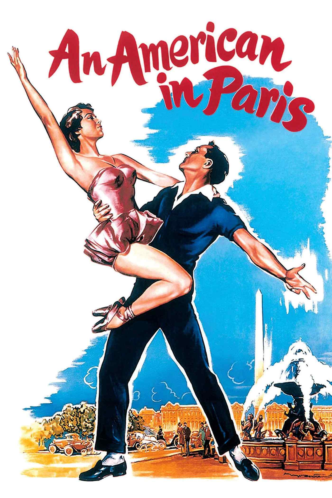 Poster chính thức của phim Phim Ca Nhạc, Phim Tình Cảm "An American in Paris" (An American in Paris - 1951), với sự tham gia của diễn viên Gene Kelly và Leslie Caron.
