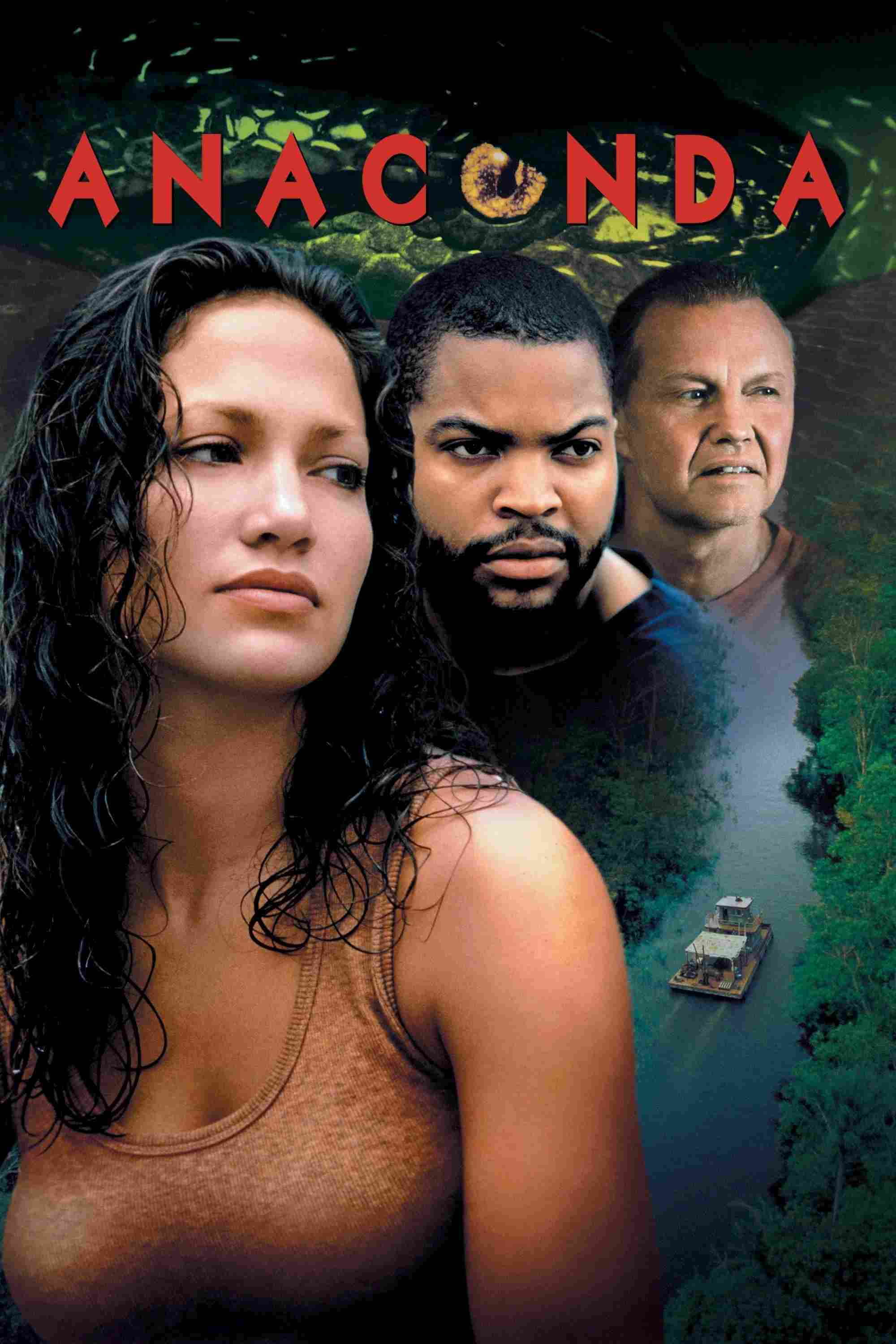 Poster chính thức của phim Phim Phiêu Lưu, Phim Kinh Dị "Anaconda: Trăn Khổng Lồ" (Anaconda - 1997), với sự tham gia của diễn viên Jennifer Lopez và Ice Cube.