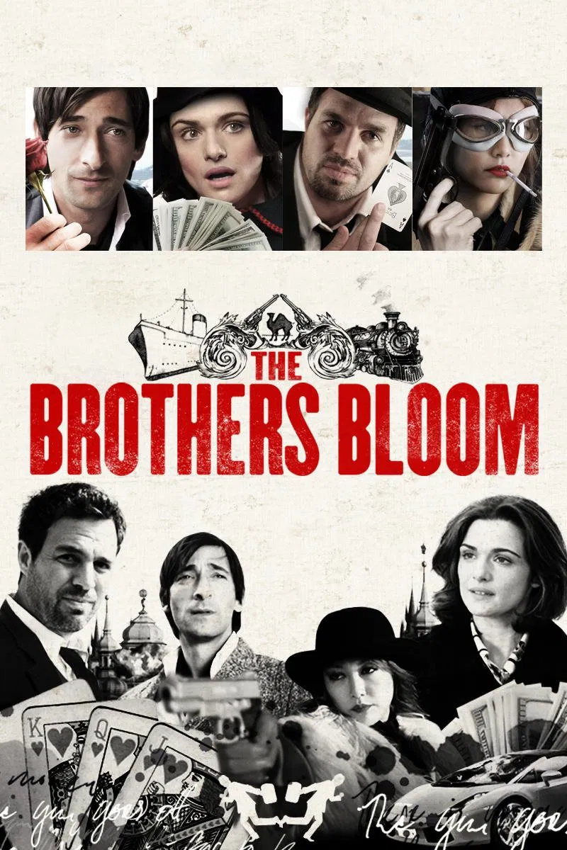 Poster chính thức của phim Phim Phiêu Lưu, Phim Hài "Anh Em Nhà Bloom" (The Brothers Bloom - 2008), với sự tham gia của diễn viên Adrien Brody và Rachel Weisz.