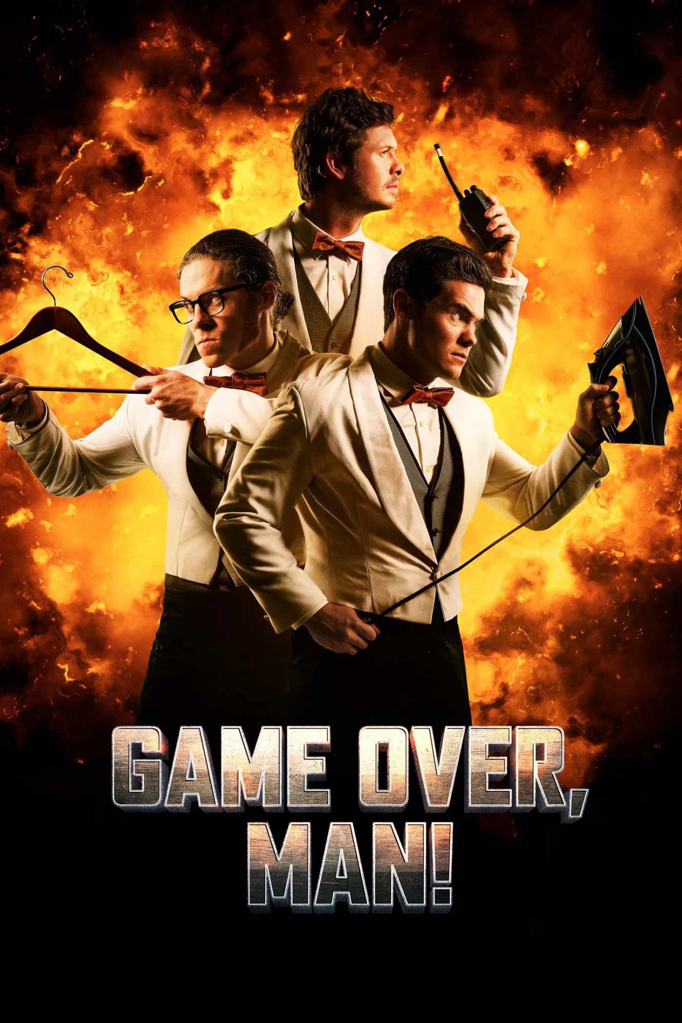 Poster chính thức của phim Phim Hành Động, Phim Hài "Anh Hùng Bất Đắc Dĩ" (Game Over, Man! - 2018), với sự tham gia của diễn viên Adam Devine và Anders Holm.