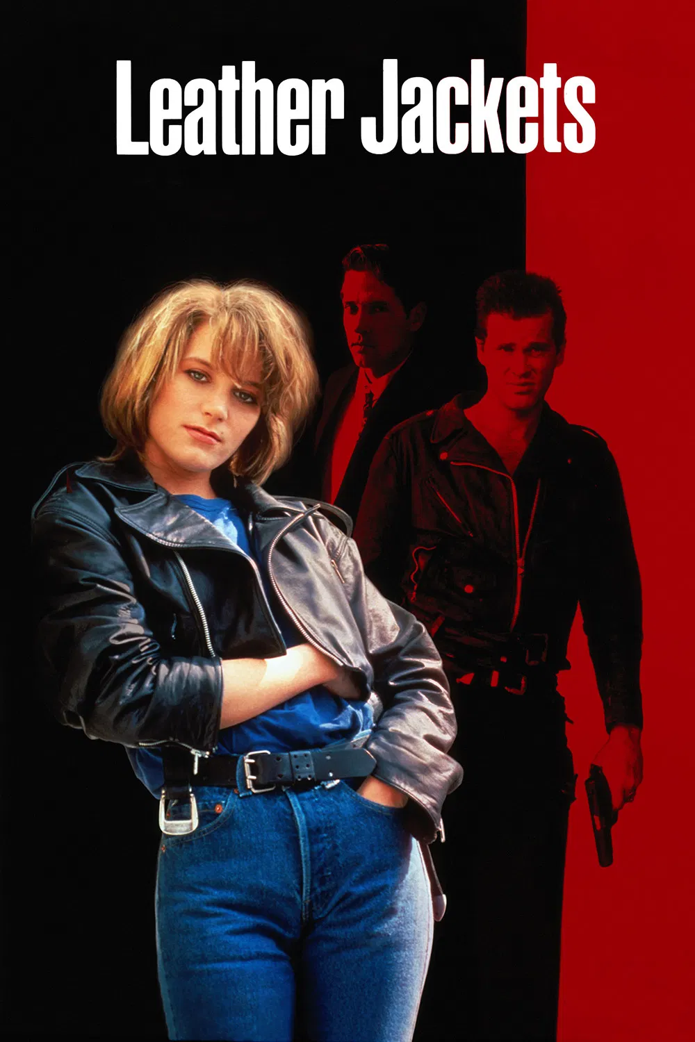 Poster chính thức của phim Phim Hành Động, Phim Tâm Lý "Áo khoác da" (Leather Jackets - 1992), với sự tham gia của diễn viên D. B. Sweeney và Bridget Fonda.