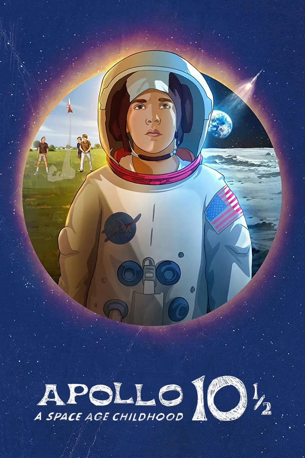 Poster chính thức của phim Phim Hoạt Hình, Phim Hài "Apollo 10 1/2: Thời thơ ấu ở kỷ nguyên vũ trụ" (Apollo 10½: A Space Age Childhood - 2022), với sự tham gia của diễn viên Milo Coy và Jack Black.