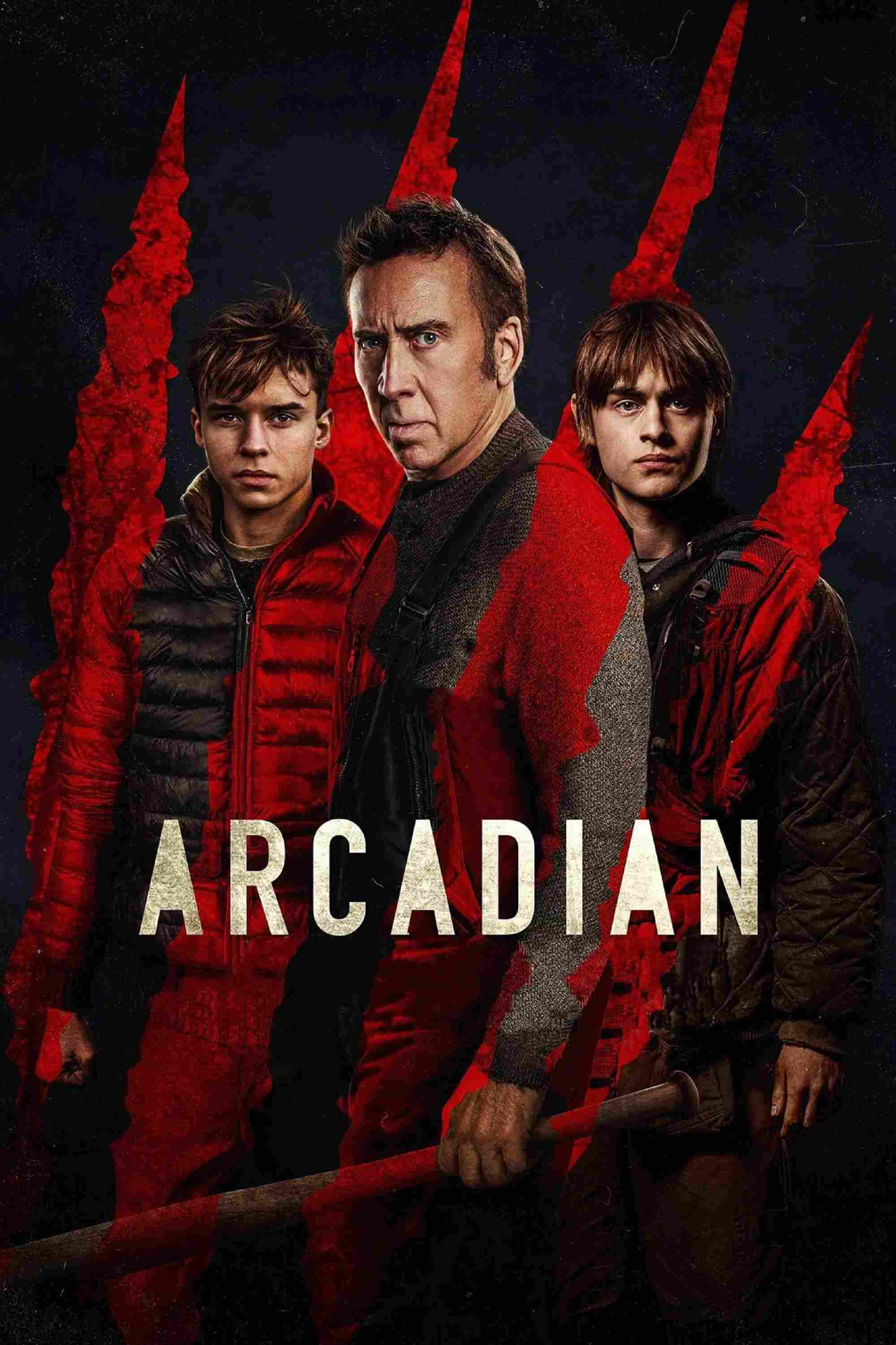 Poster chính thức của phim Phim Hành Động, Phim Kinh Dị "Arcadian" (Arcadian - 2024), với sự tham gia của diễn viên Nicolas Cage và Jaeden Martell.