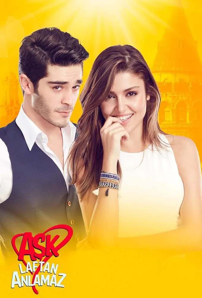 Poster chính thức của phim Phim Hài, Phim Tâm Lý "Ask Laftan Anlamaz" (Love Doesn't Understand Words - 2016), với sự tham gia của diễn viên Hande Erçel và Burak Deniz.