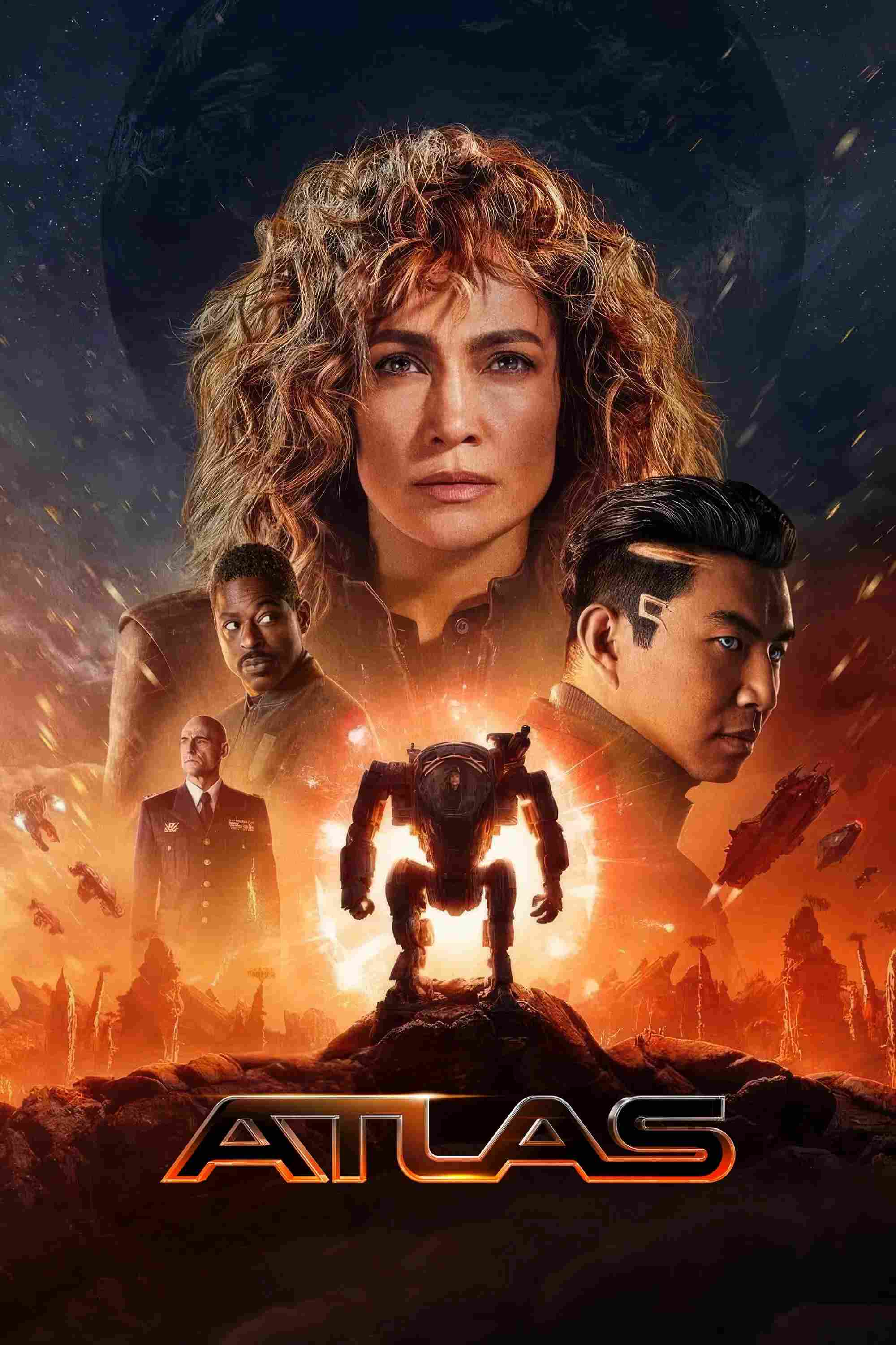 Poster chính thức của phim Phim Viễn Tưởng, Phim Hành Động "Atlas" (Atlas - 2024), với sự tham gia của diễn viên Jennifer Lopez và Simu Liu.
