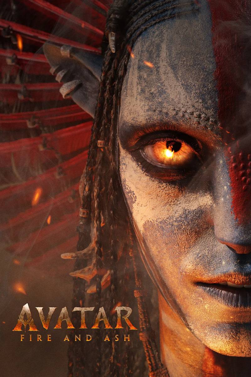 Poster chính thức của phim Phim Viễn Tưởng, Phim Phiêu Lưu "Avatar 3: Lửa và Tro Tàn" (Avatar: Fire and Ash - 2025), với sự tham gia của diễn viên Sam Worthington và Zoe Saldaña.