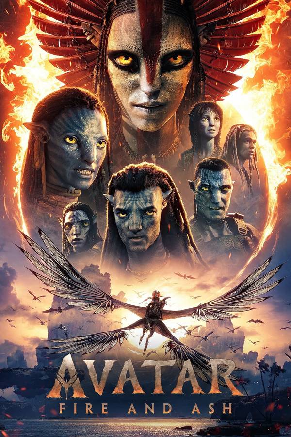 Poster chính thức của phim Phim Viễn Tưởng, Phim Phiêu Lưu "Avatar: Lửa và Tro Tàn" (Avatar: Fire and Ash - 2025), với sự tham gia của diễn viên Sam Worthington và Zoe Saldaña.