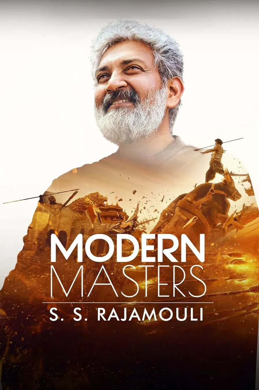 Poster chính thức của phim Phim Tài Liệu "Bậc thầy thời hiện đại: SS Rajamouli" (Modern Masters: SS Rajamouli - 2024), với sự tham gia của diễn viên S. S. Rajamouli và James Cameron.