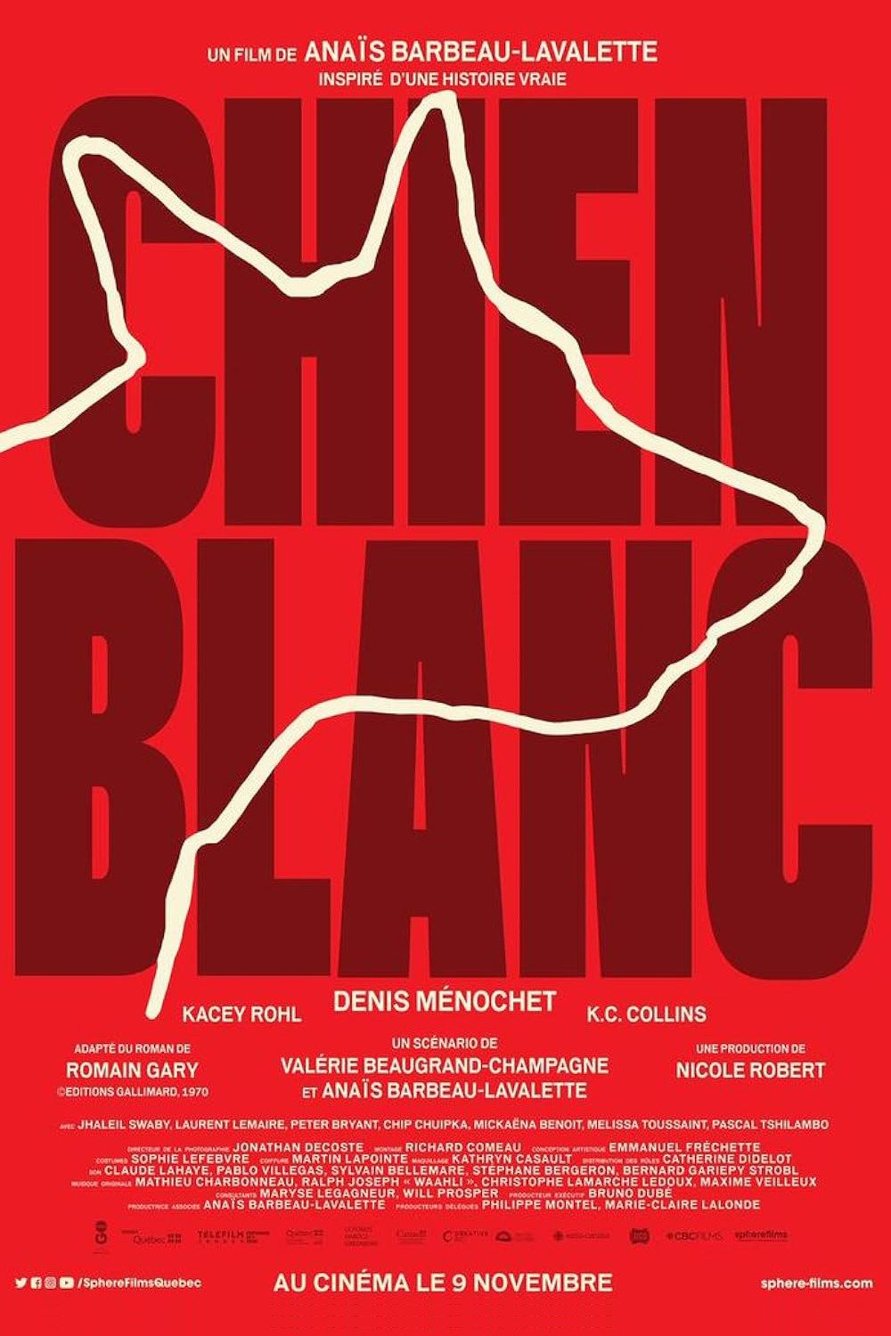 Poster chính thức của phim Phim Tâm Lý "Bạch Khuyển" (White Dog - 2022), với sự tham gia của diễn viên Denis Ménochet và Kacey Rohl.