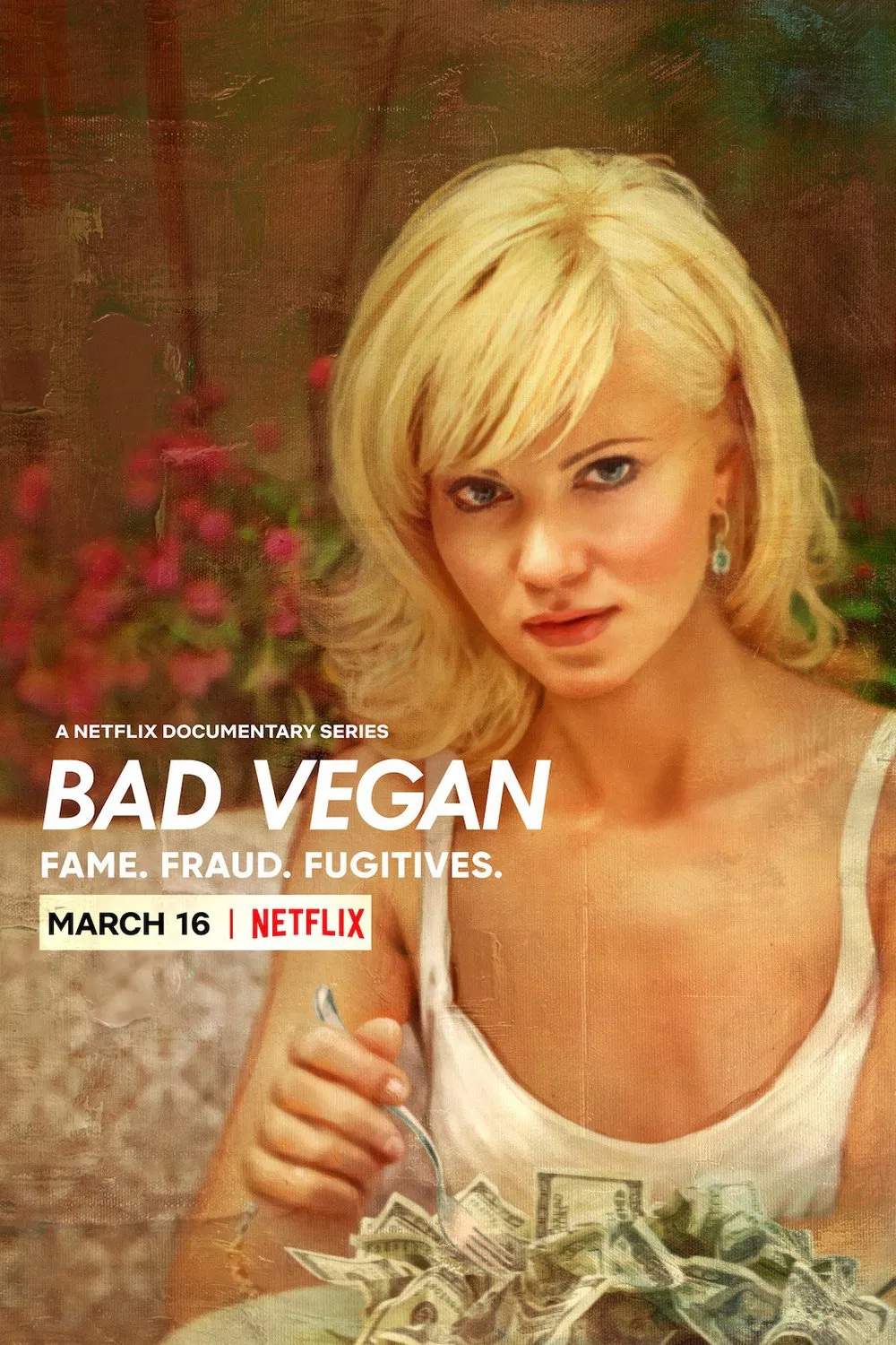 Poster chính thức của phim Phim Tài Liệu, Phim Hình Sự "Bad Vegan: Danh Tiếng. Lừa đảo. Trốn Chạy." (Bad Vegan: Fame. Fraud. Fugitives. - 2022), với sự tham gia của diễn viên Sarma Melngailis và Anthony Strangis.