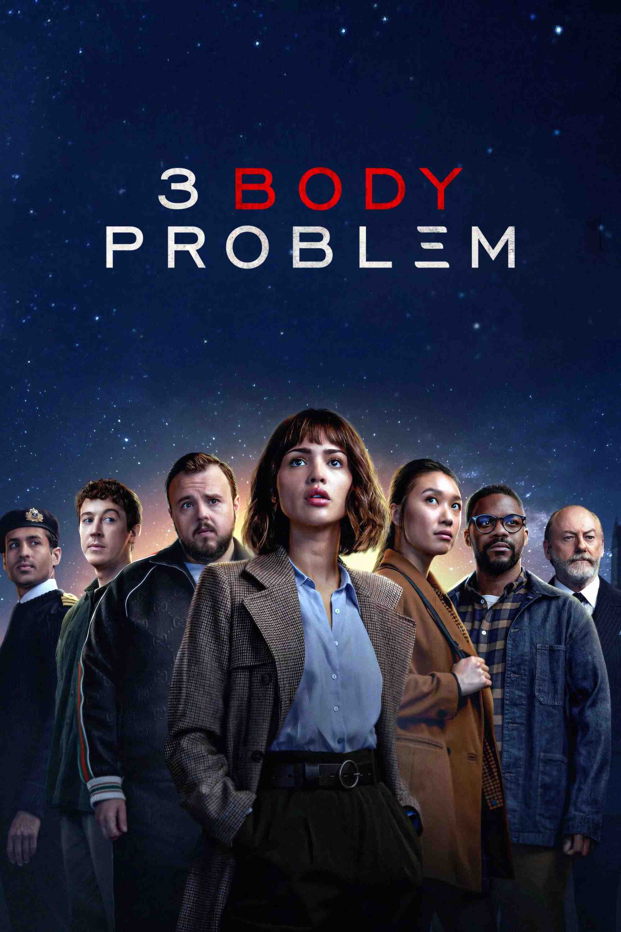 Poster chính thức của phim Phim Viễn Tưởng & Giả Tưởng, Phim Bí Ẩn "Bài Toán 3 Vật Thể" (3 Body Problem - 2024), với sự tham gia của diễn viên Jovan Adepo và Rosalind Chao.