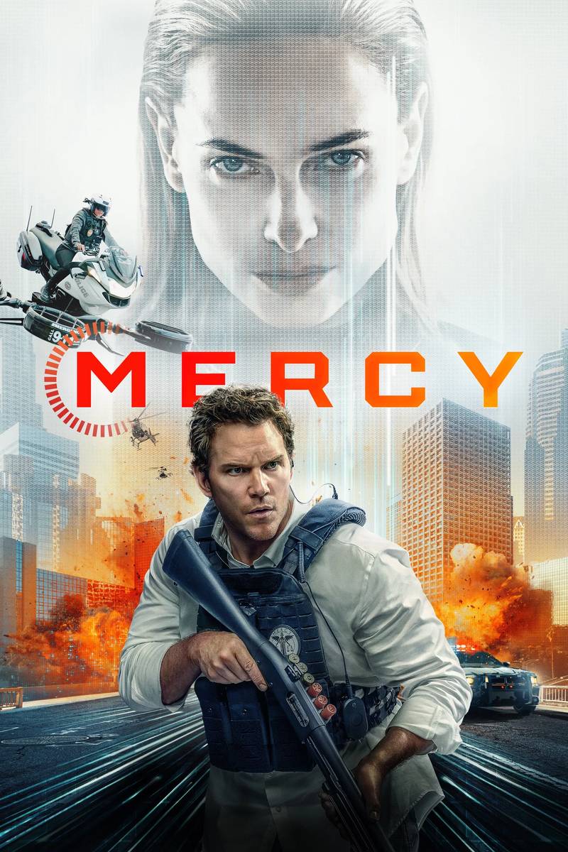 Poster chính thức của phim Phim Viễn Tưởng, Phim Hành Động "Bằng Chứng Sinh Tử" (Mercy - 2026), với sự tham gia của diễn viên Chris Pratt và Rebecca Ferguson.