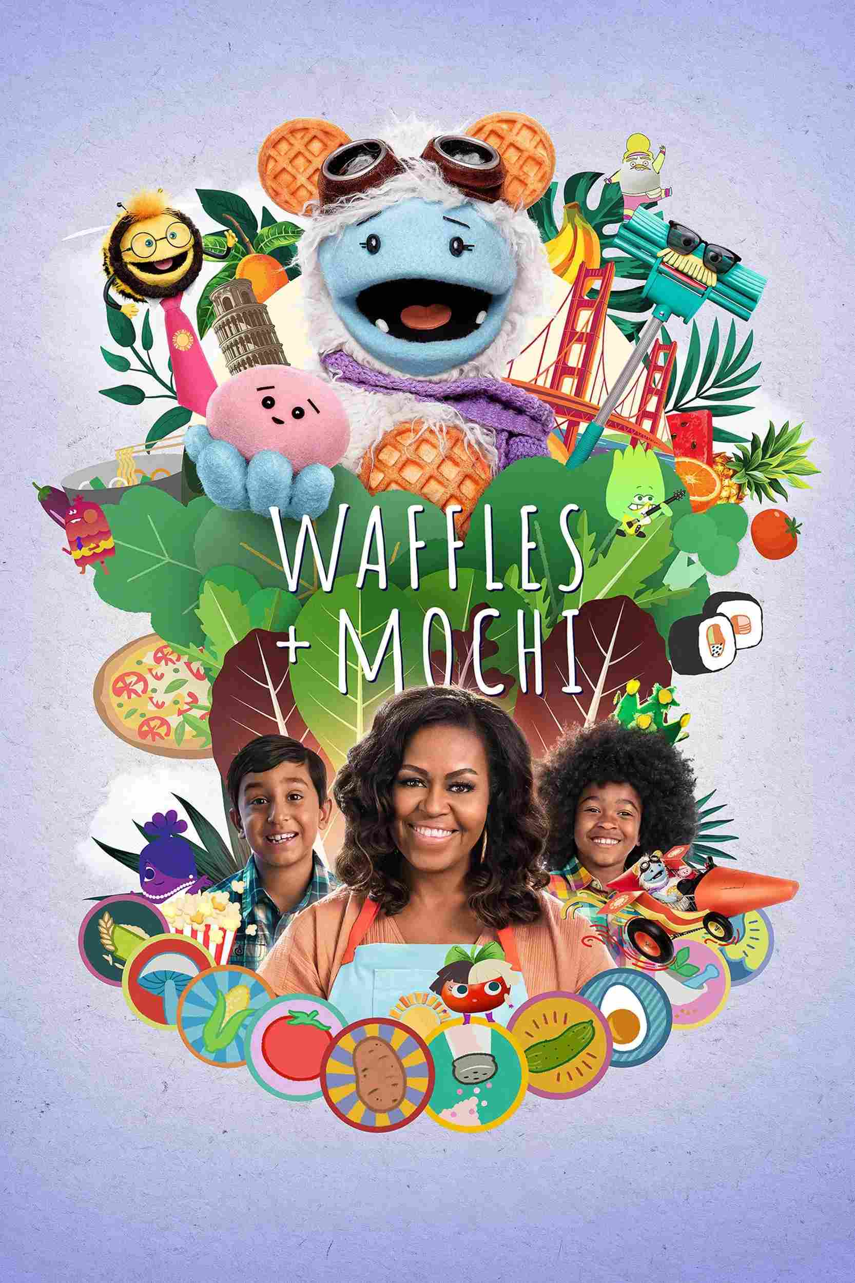 Poster chính thức của phim Phim Thiếu Nhi "Bánh Quế + Mochi" (Waffles + Mochi - 2021), với sự tham gia của diễn viên Michelle Obama và Michelle Zamora.