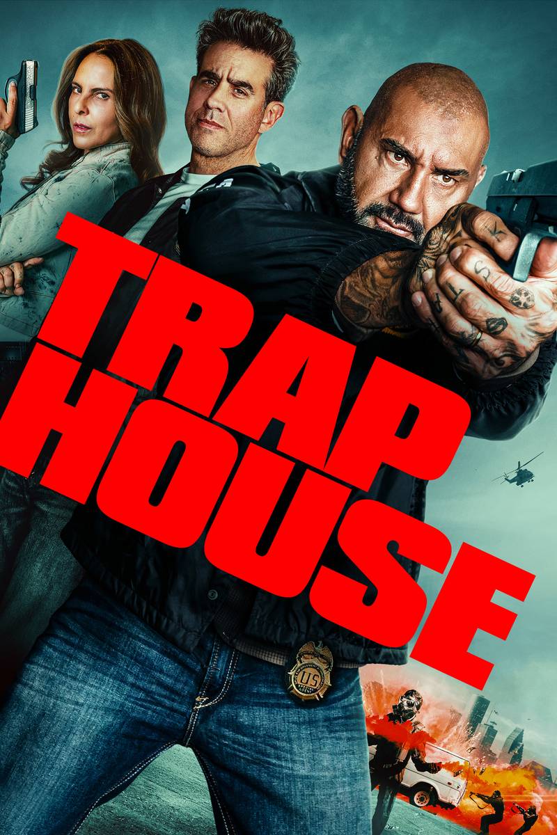 Poster chính thức của phim Phim Hành Động, Phim Hình Sự "Báo Thủ Báo Nhà" (Trap House - 2025), với sự tham gia của diễn viên Dave Bautista và Jack Champion.