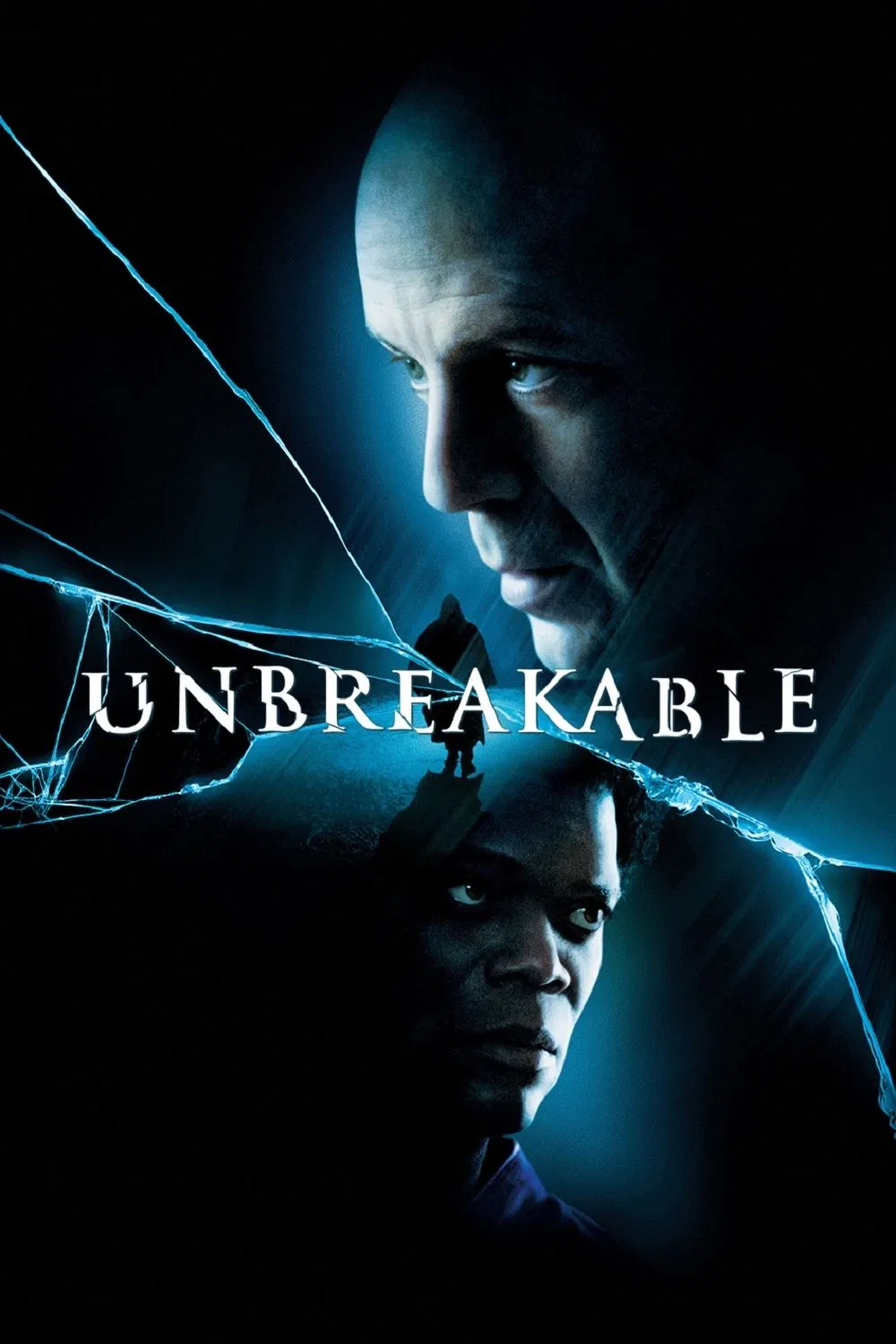 Poster chính thức của phim Phim Giật Gân, Phim Tâm Lý "Bất Khả Xâm Phạm" (Unbreakable - 2000), với sự tham gia của diễn viên Bruce Willis và Samuel L. Jackson.