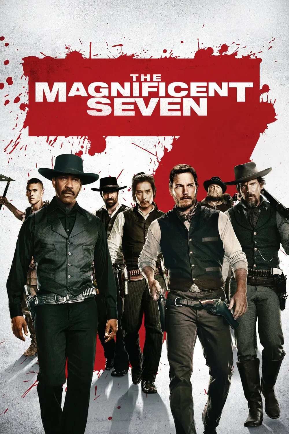 Poster chính thức của phim Phim Phiêu Lưu, Phim Hành Động "Bảy Tay Súng Huyền Thoại" (The Magnificent Seven - 2016), với sự tham gia của diễn viên Denzel Washington và Chris Pratt.