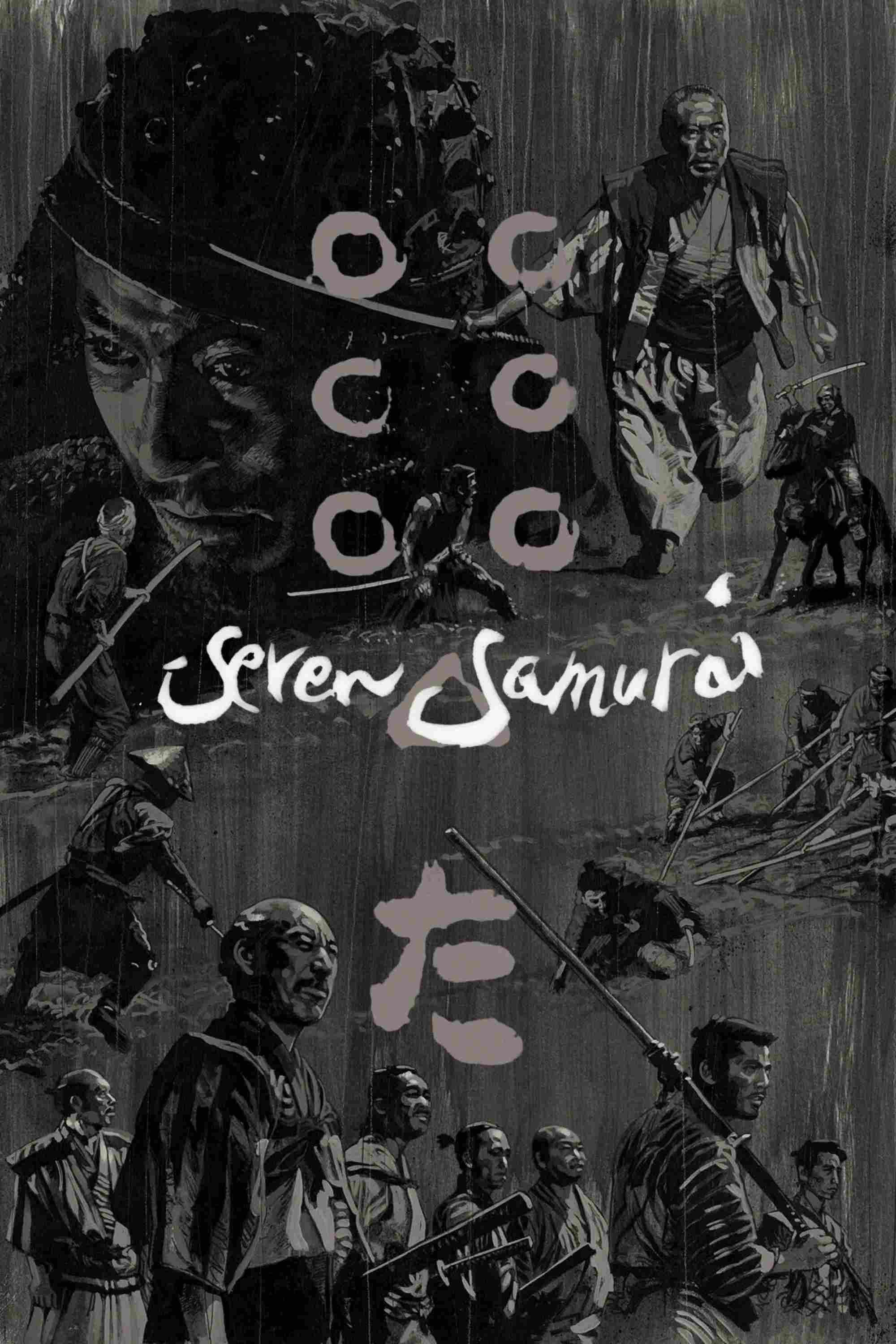 Poster chính thức của phim Phim Hành Động, Phim Tâm Lý "Bảy Võ Sĩ Đạo" (Seven Samurai - 1954), với sự tham gia của diễn viên Toshirō Mifune và Takashi Shimura.