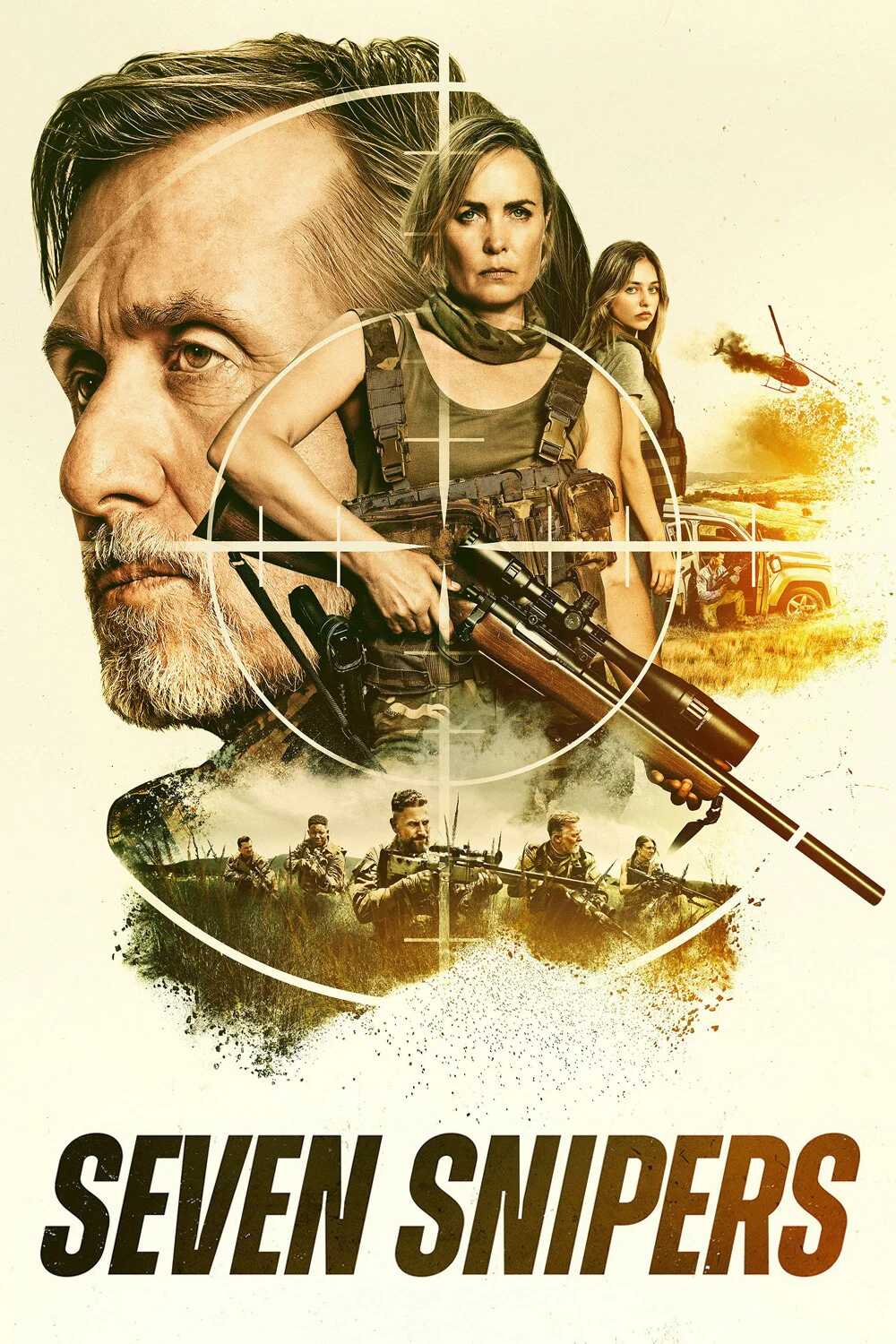 Poster chính thức của phim Phim Hành Động, Phim Giật Gân "Bảy Xạ Thủ" (Seven Snipers - 2026), với sự tham gia của diễn viên Radha Mitchell và Tim Roth.