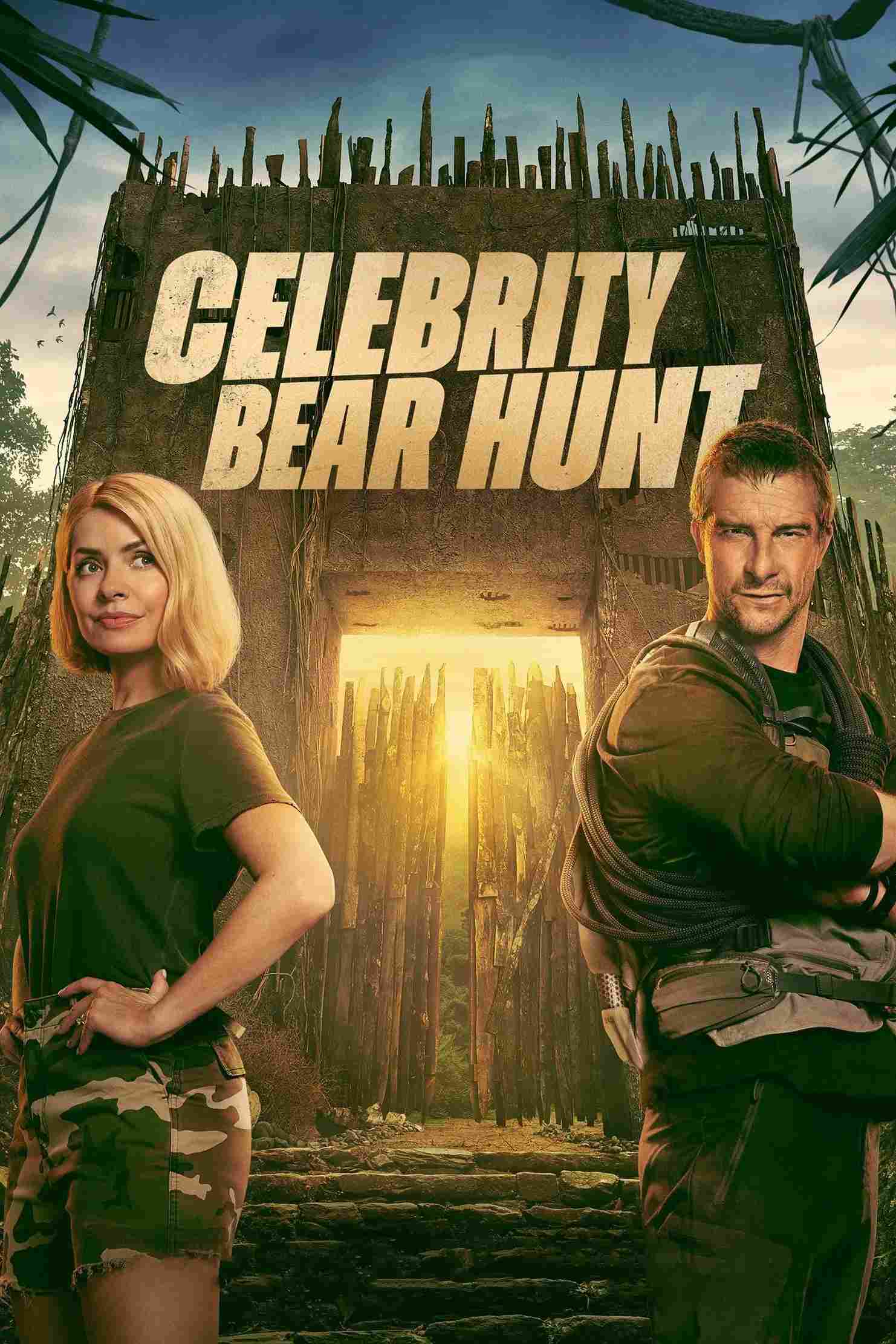 Poster chính thức của phim Truyền Hình Thực Tế "Bear Grylls săn người nổi tiếng" (Celebrity Bear Hunt - 2025), với sự tham gia của diễn viên Bear Grylls và Holly Willoughby.