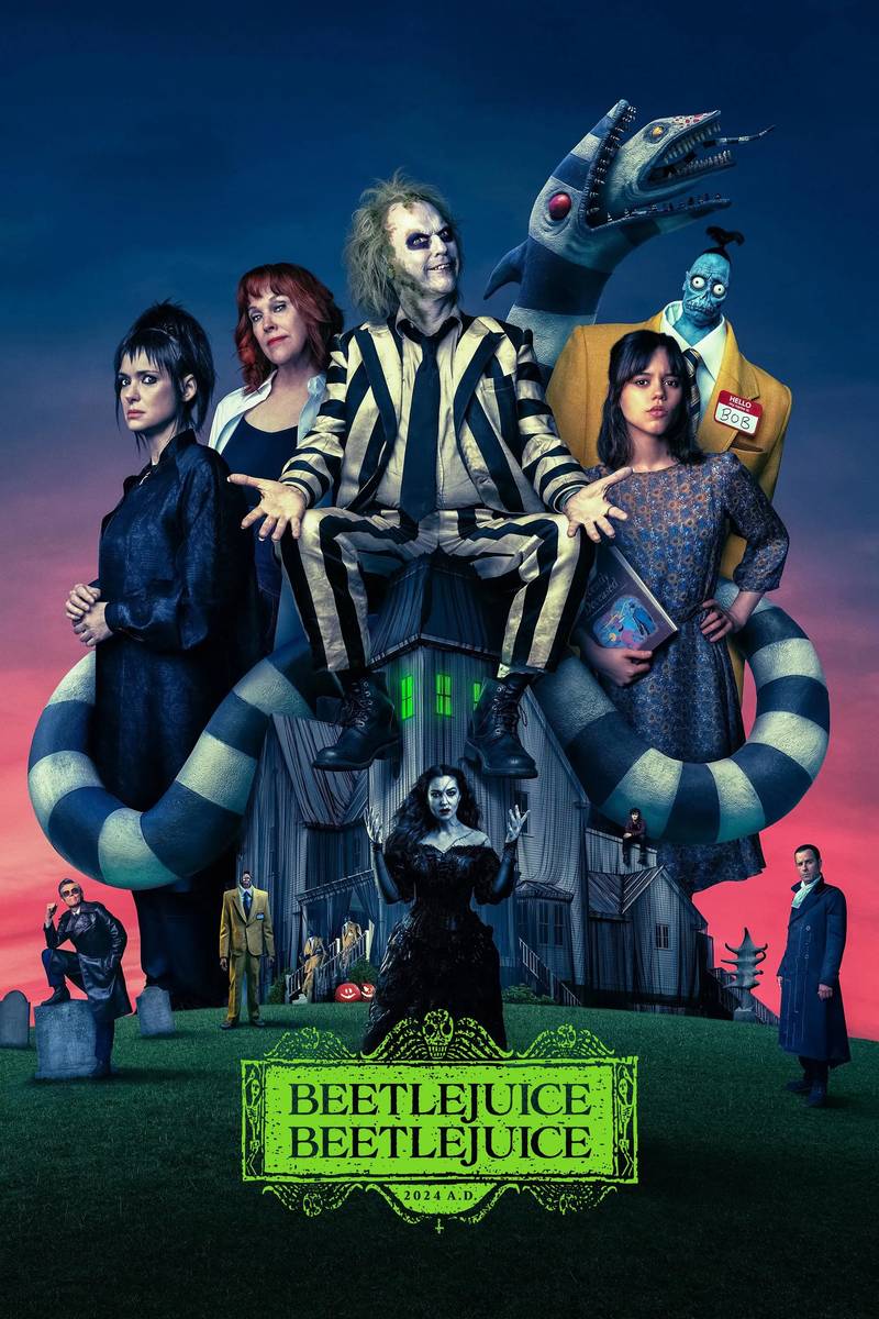 Poster chính thức của phim Phim Hài, Phim Giả Tượng "Beetlejuice Beetlejuice: Ma Siêu Quậy" (Beetlejuice Beetlejuice - 2024), với sự tham gia của diễn viên Michael Keaton và Winona Ryder.
