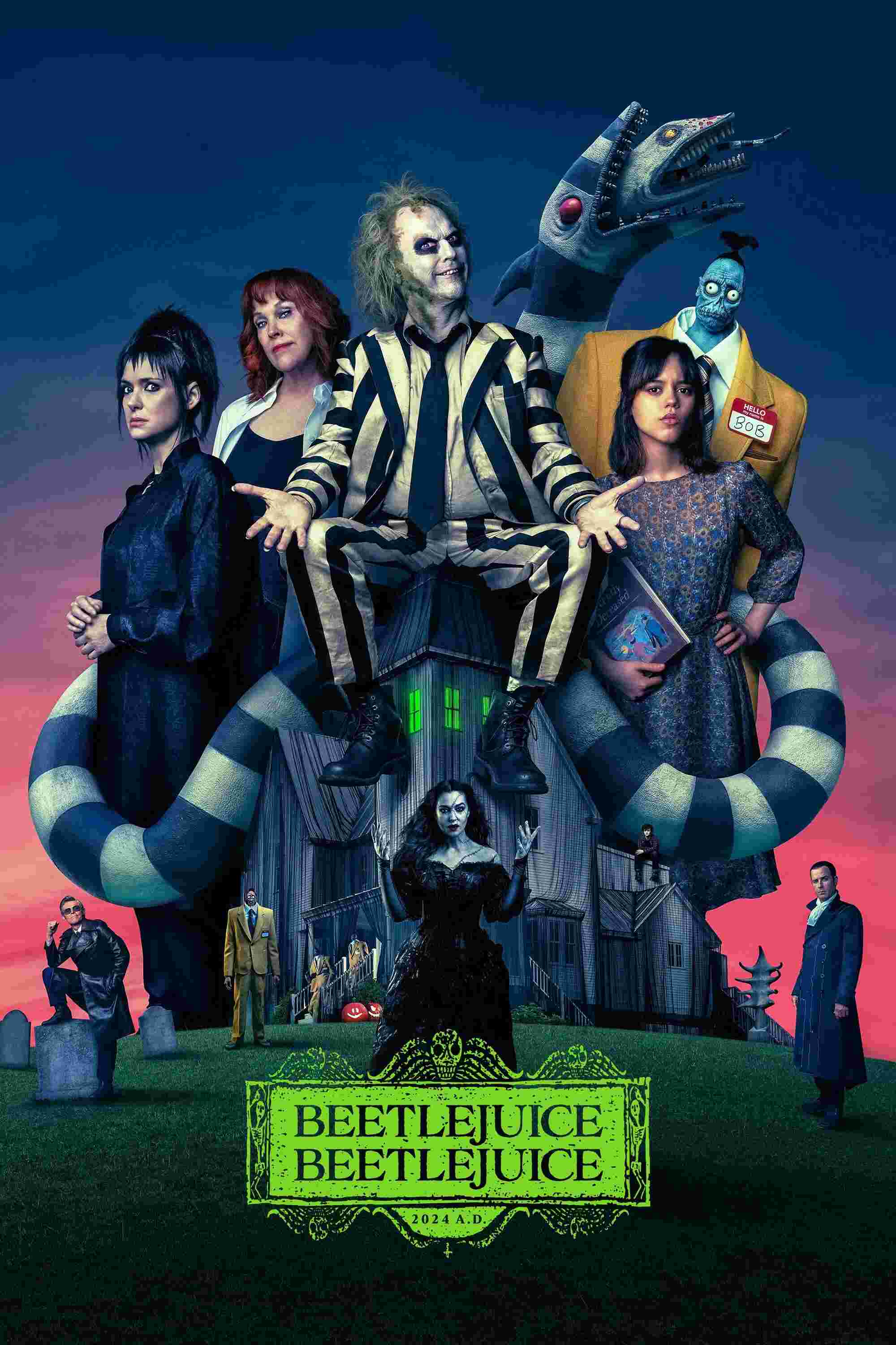Poster chính thức của phim Phim Hài, Phim Giả Tượng "Beetlejuice: Ma Siêu Quậy" (Beetlejuice Beetlejuice - 2024), với sự tham gia của diễn viên Michael Keaton và Winona Ryder.