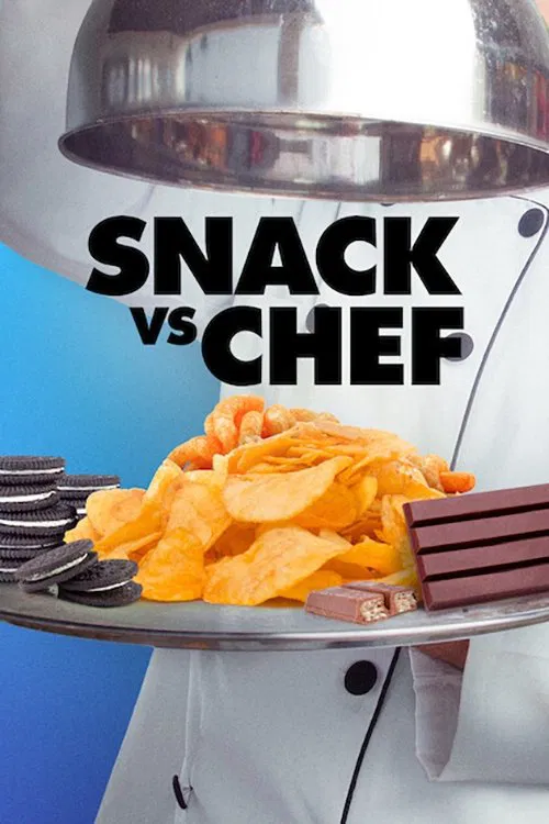 Poster chính thức của phim Truyền Hình Thực Tế "Bếp Trưởng Bếp Ăn Vặt" (Snack vs Chef - 2022), với sự tham gia của diễn viên Megan Stalter và Hari Kondabolu.