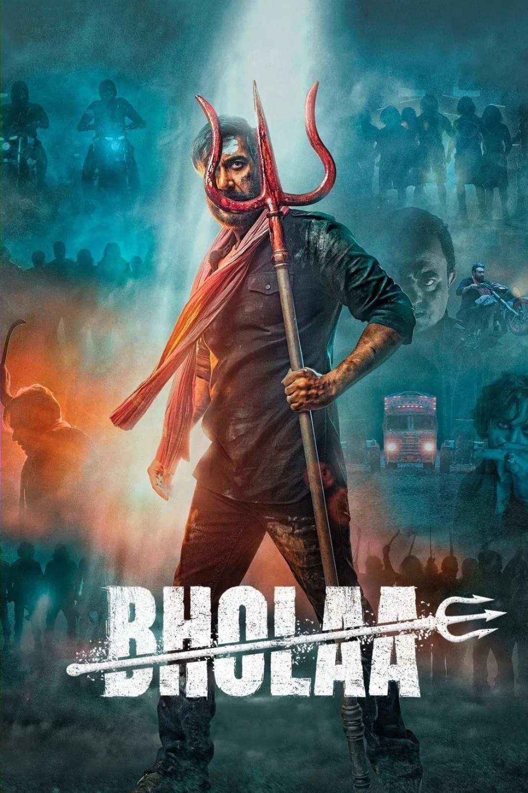 Poster chính thức của phim Phim Hành Động, Phim Phiêu Lưu "Bholaa" (Bholaa - 2023), với sự tham gia của diễn viên Ajay Devgn và Tabu.
