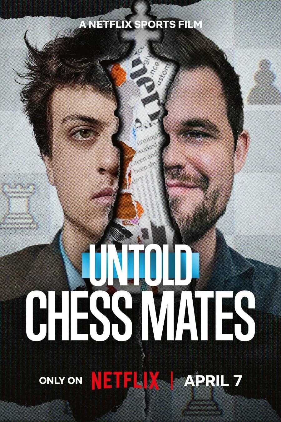 Poster chính thức của phim Phim Tài Liệu "Bí Mật Giới Thể Thao: Chiếu Hết" (Untold: Chess Mates - 2026), với sự tham gia của diễn viên Magnus Carlsen và Piers Morgan.