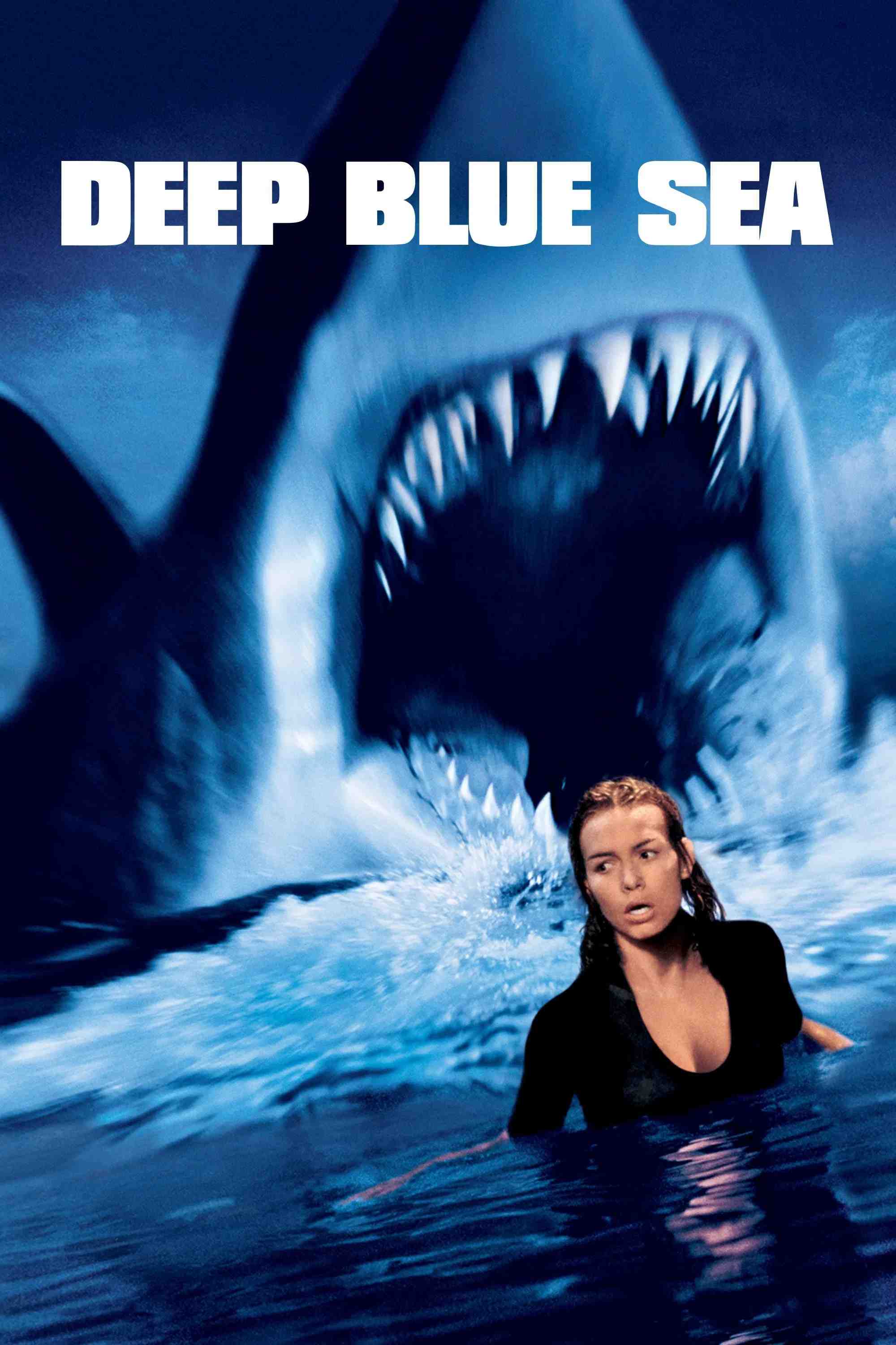 Poster chính thức của phim Phim Hành Động, Phim Kinh Dị "Biển Xanh Sâu Thẳm" (Deep Blue Sea - 1999), với sự tham gia của diễn viên Saffron Burrows và Thomas Jane.