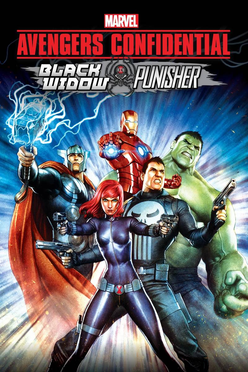 Poster chính thức của phim Phim Hoạt Hình, Phim Viễn Tưởng "Biệt Đội Siêu Anh Hùng Bí Mật: Black Widow và Punisher" (Avengers Confidential: Black Widow & Punisher - 2014), với sự tham gia của diễn viên Miyuki Sawashiro và Tessyo Genda.