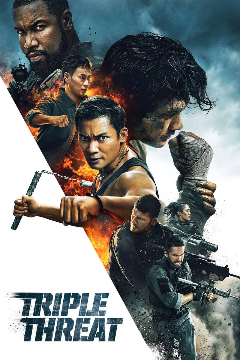 Poster chính thức của phim Phim Giật Gân, Phim Hành Động "Bộ Ba Vệ Sĩ" (Triple Threat - 2019), với sự tham gia của diễn viên Tony Jaa và Tiger Chen Hu.