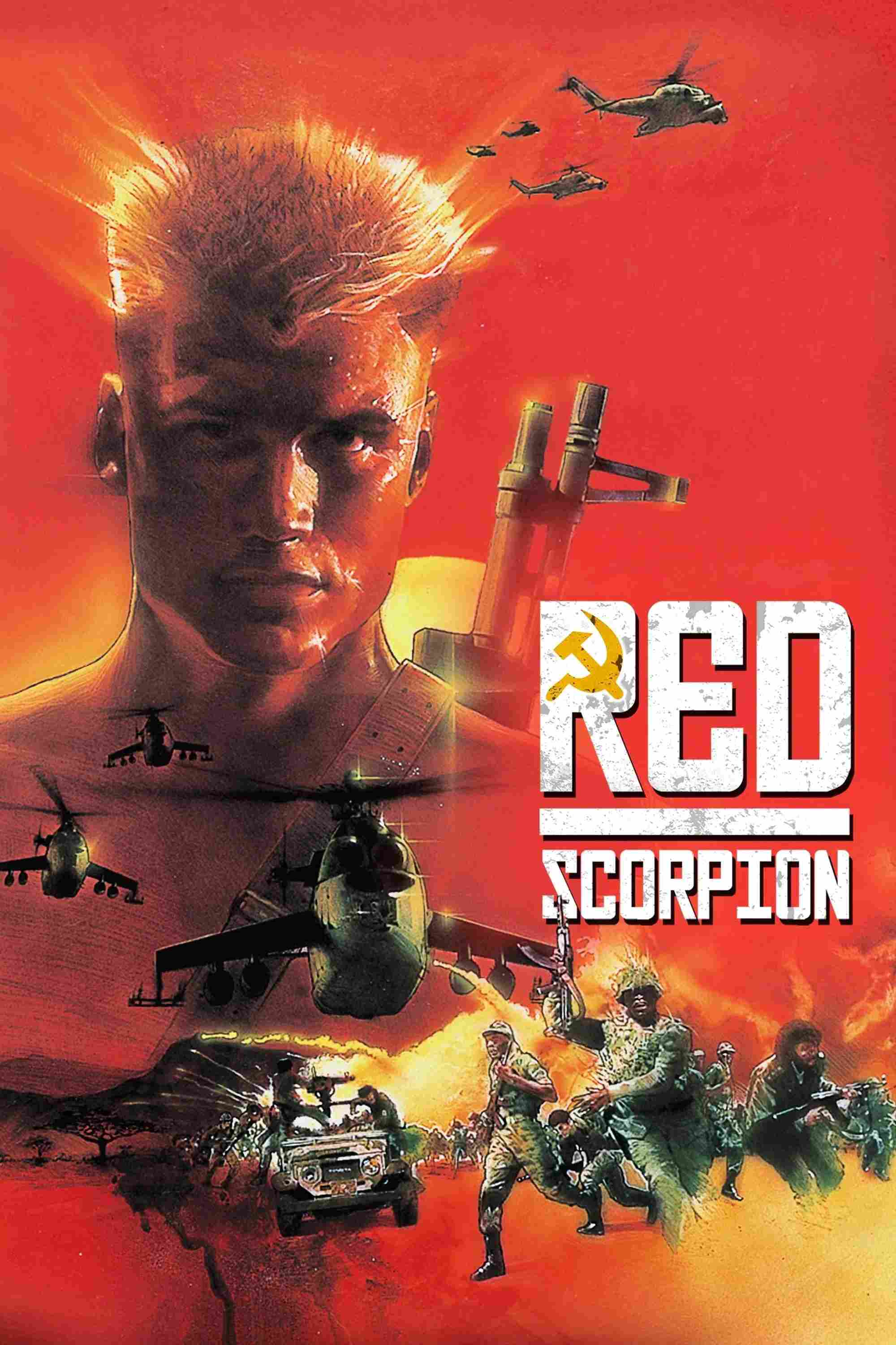 Poster chính thức của phim Phim Phiêu Lưu, Phim Hành Động "Bọ Cạp Đỏ" (Red Scorpion - 1988), với sự tham gia của diễn viên Dolph Lundgren và M. Emmet Walsh.