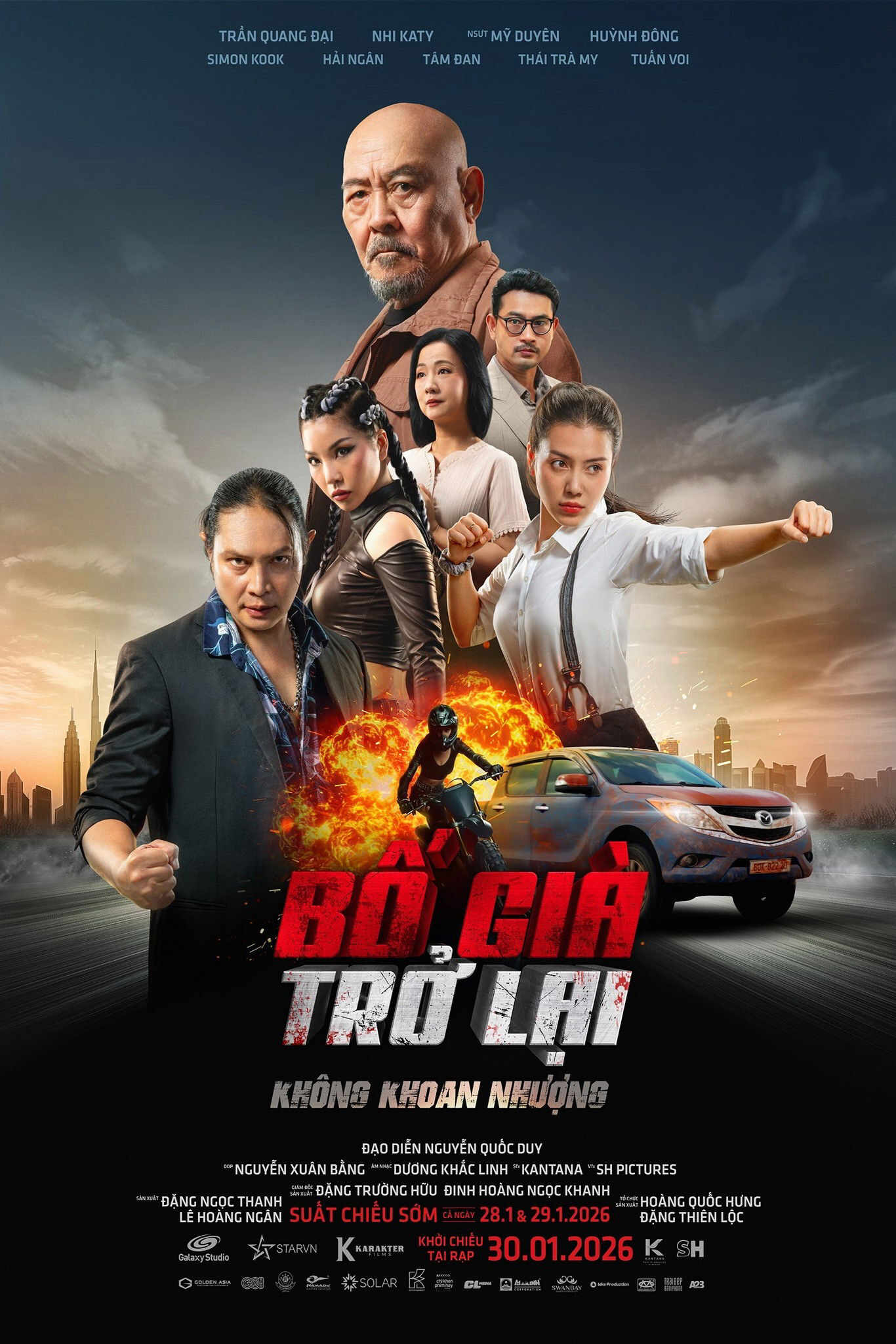 Poster chính thức của phim Phim Hành Động "Bố Già Trở Lại" (Bố Già Trở Lại - 2026), với sự tham gia của diễn viên Mỹ Uyên và Huỳnh Đông.